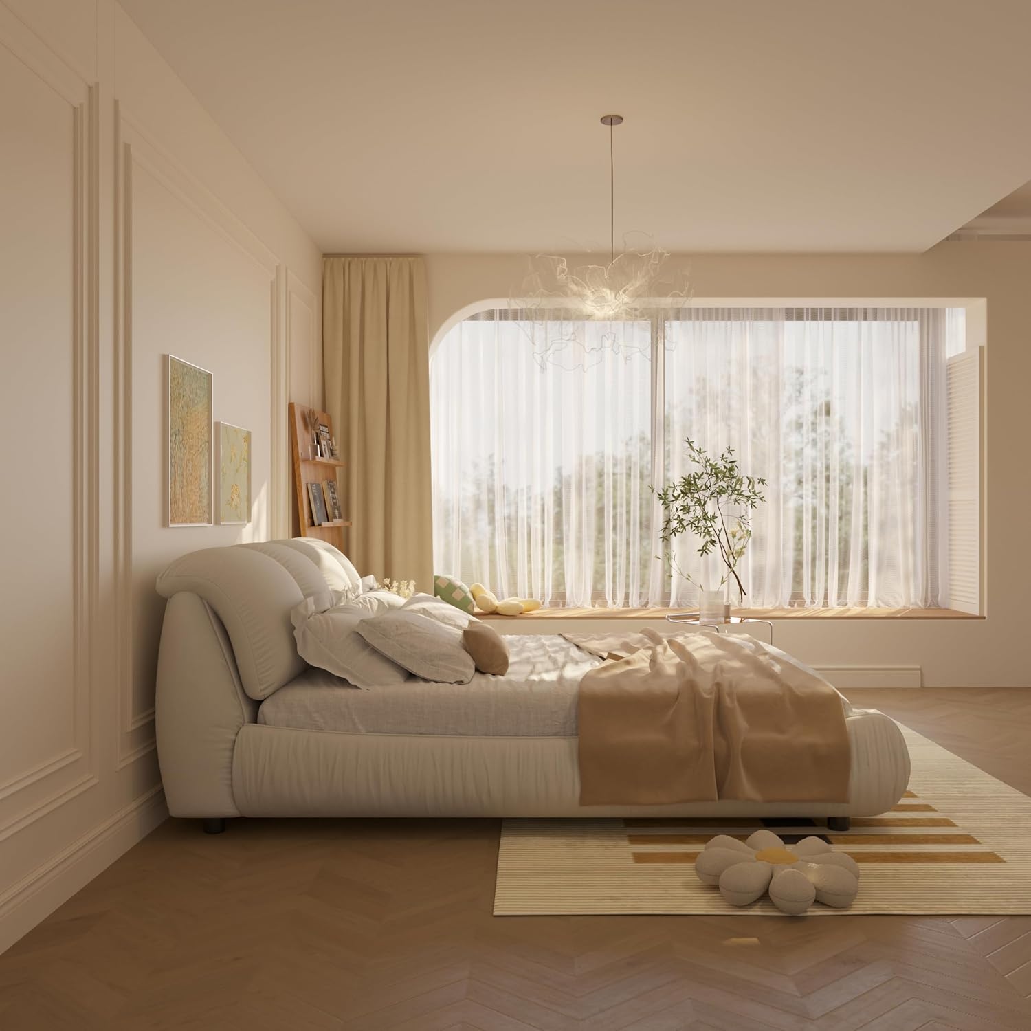 KEIKI Queen Size Upholstered Platform Bed with Oversized Padded Backrest,Thickening Pinewooden Slats and Metal Leg,Beige