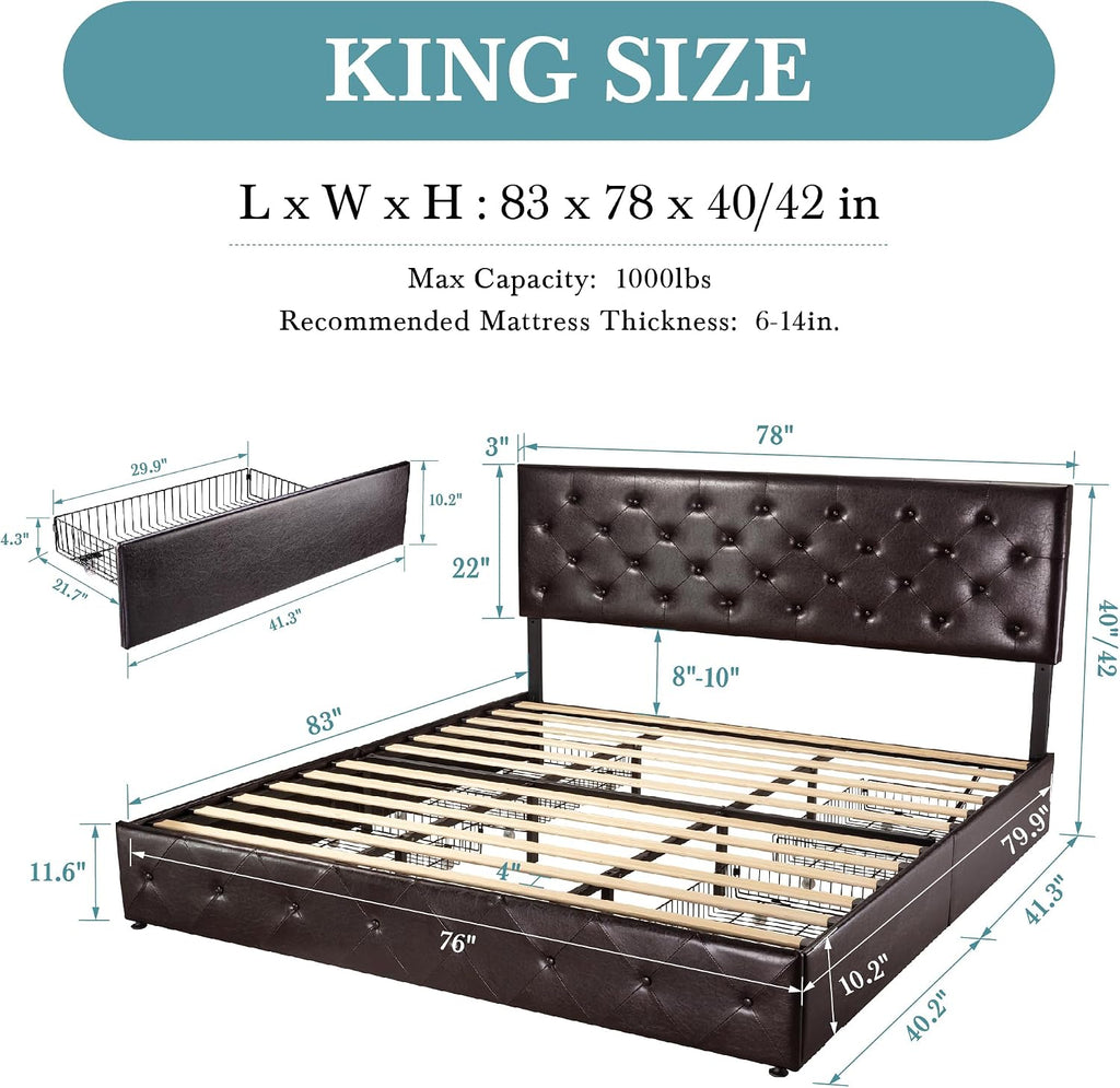 HOOMIC King Platform Storage Bed Frame with 4 Drawers & Adjustable Headboard, Wooden Slats, No Box Spring Needed,Diamond Stitched Button Tufted Design, Noise Free, Black Brown