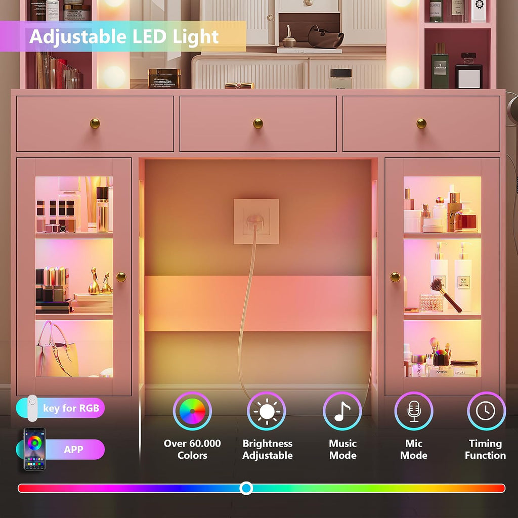 HUANLEGO Pink Vanity Desk with Mirror and Lights, Glass Top Vanity with Lighted Mirror & RGB Glass Cabinet and 3 Drawers, Makeup Vanity Desk with Lights Dressing Table for Bedroom, 3 Color Modes