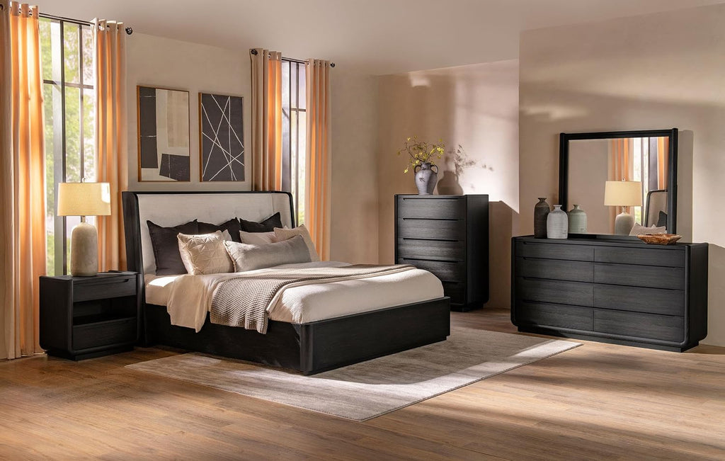 Coaster Home Furnishings - Leandro - Wood - 5-Piece Bedroom Set with Wingback Design, Tufted Detail and Recessed Pulls - Bedroom - Queen Size - Burnished Black - 222491Q-S5