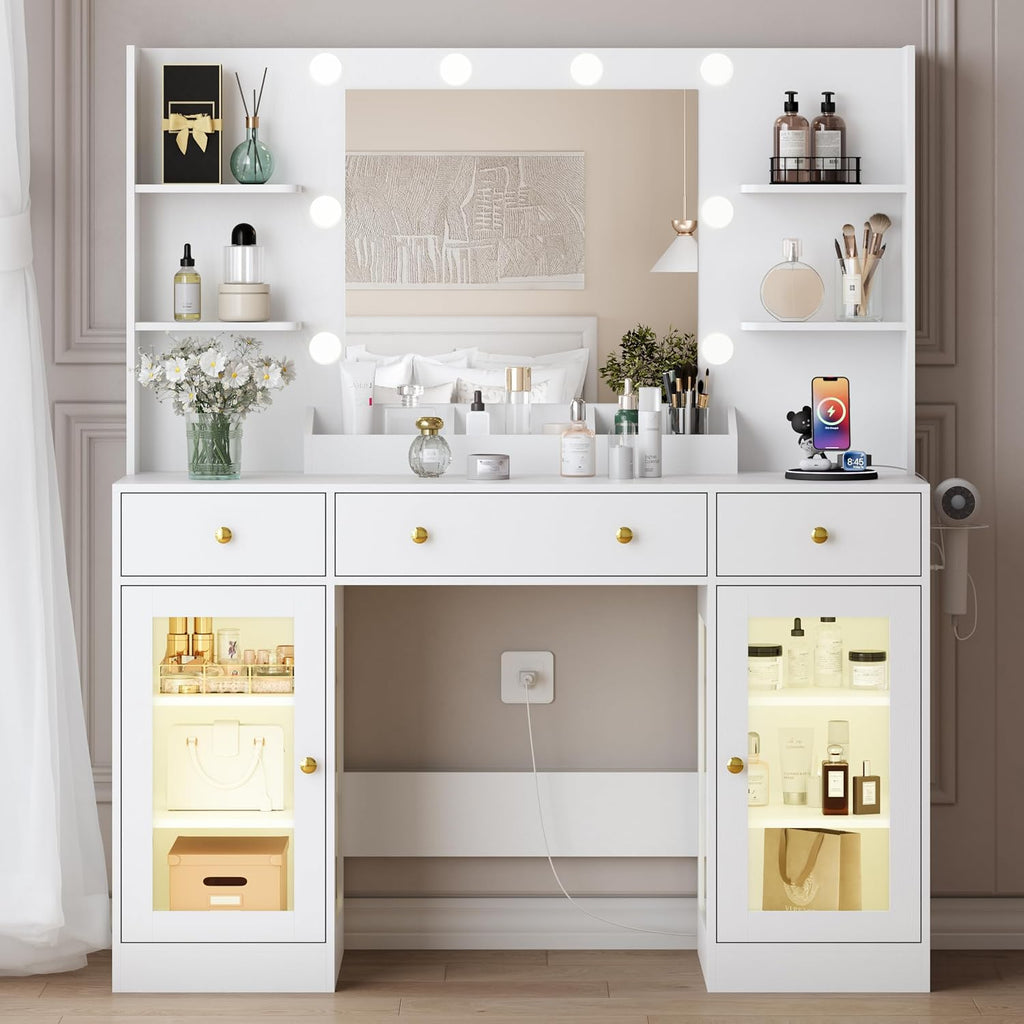 HUANLEGO Vanity Desk with Mirror and Lights, Large Makeup Vanity Set with Power Outlet & RGB Glass Cabinet, 3 Drawers, White Vanity Mirror with Lights Dressing Table for Girls Women, 3 Color Modes