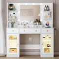 HUANLEGO Vanity Desk with Mirror and Lights, Large Makeup Vanity Set with Power Outlet & RGB Glass Cabinet, 3 Drawers, White Vanity Mirror with Lights Dressing Table for Girls Women, 3 Color Modes
