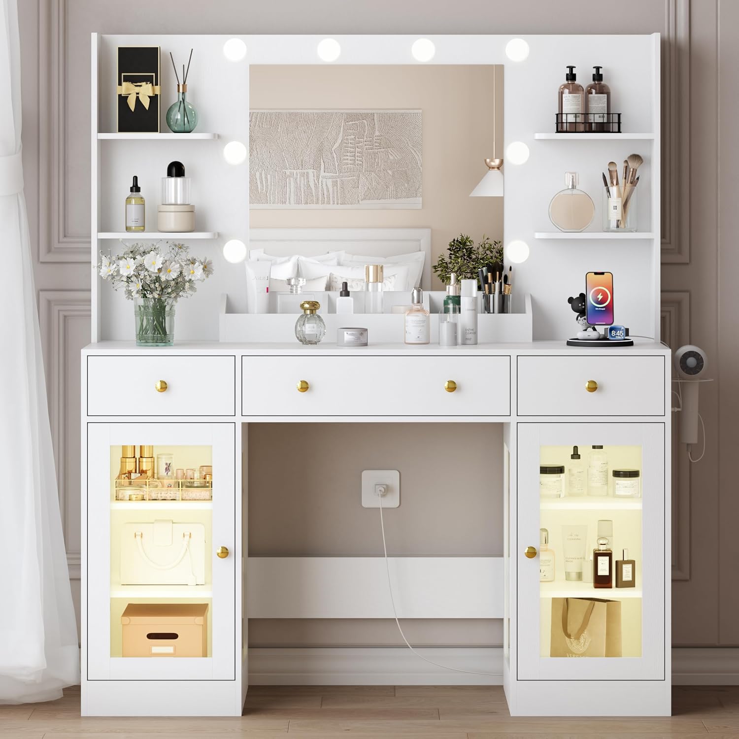 HUANLEGO Vanity Desk with Mirror and Lights, Large Makeup Vanity Set with Power Outlet & RGB Glass Cabinet, 3 Drawers, White Vanity Mirror with Lights Dressing Table for Girls Women, 3 Color Modes