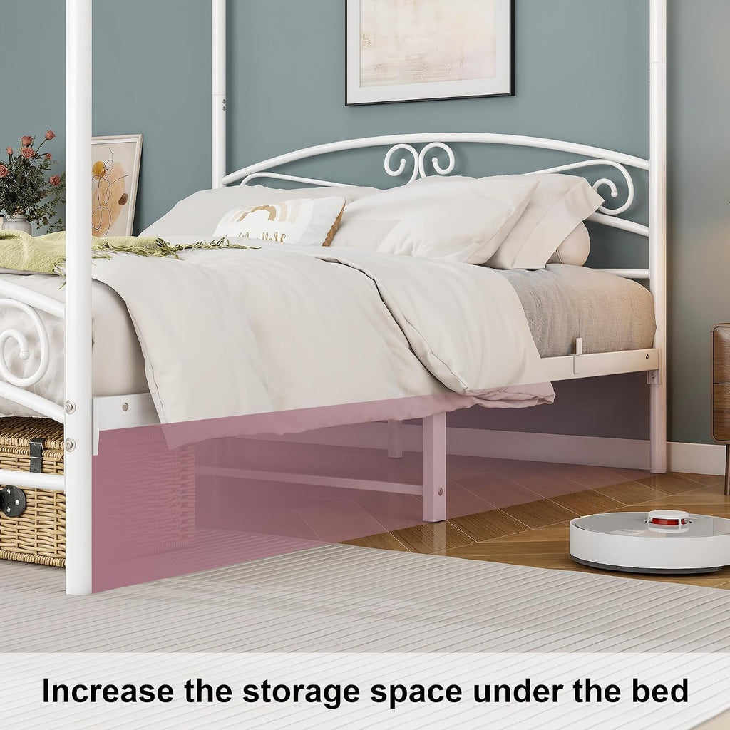 Metal Canopy Bed Frame with Headboard & Footboard Mattress Foundation Sturdy Slatted Structure No Box Spring Needed Easy Assembly, Queen White