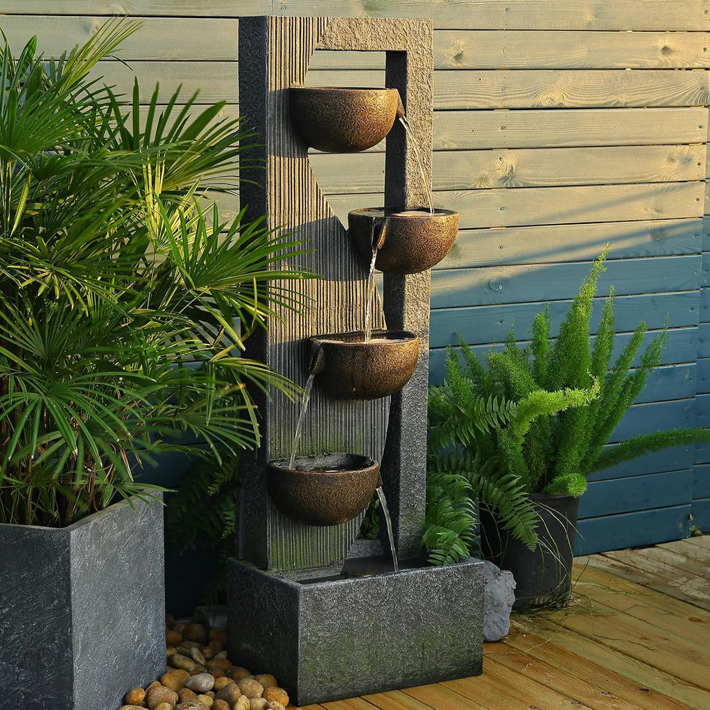 Sunlinua Outdoor-Water-Fountain Waterfalls Garden Fountain 5-Tier Outdoor Floor Standing Water Fountains with Natural Stones, LED Lights, Pump for Garden, Living Room, Patio, 49.2 Inches Tall