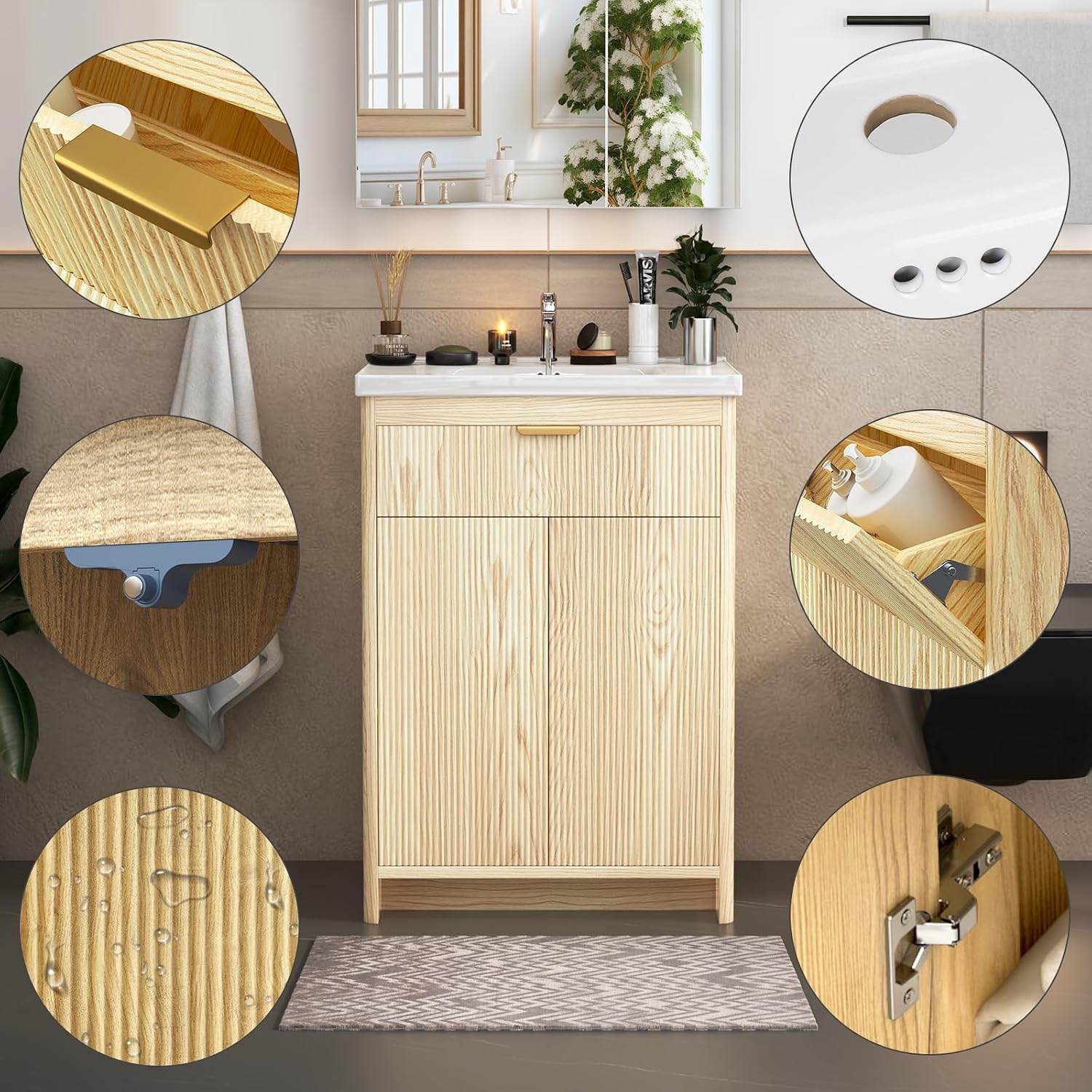 24'' Bathroom Vanity with Ceramic Single Sink Combo, Small Freestanding Bathroom Storage Vanity Cabinet with Drawer & Cabinet, Metal Handle，Natural Oak