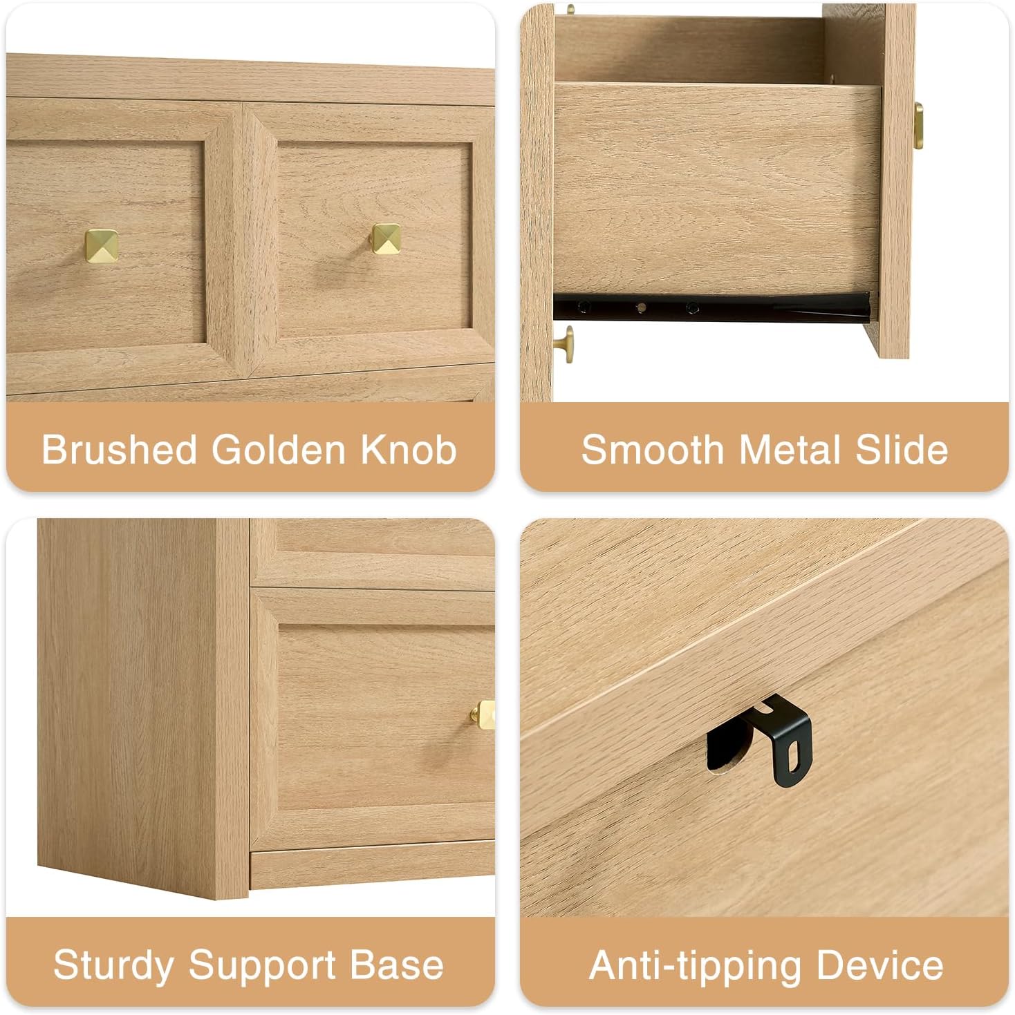 3-Piece Bedroom Set, 5 Drawer Tall Dresser and 3 Drawer King Size Nightstands Set of 2 with Charging Station, 3 Piece Farmhouse Wood Bedroom Dresser and Nightstand Sets, Natural