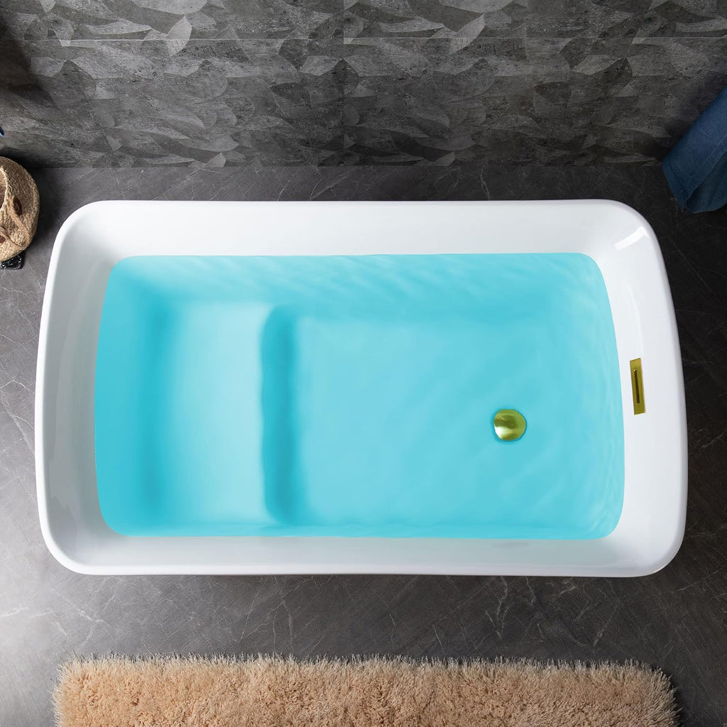 WOODBRIDGE 48' Acrylic Freestanding Square Shape Janpanese Soaking Tub with Pre-molded Seat and Brushed Gold Pop-UP Drain and Overflow Option, Black, B1870-BG