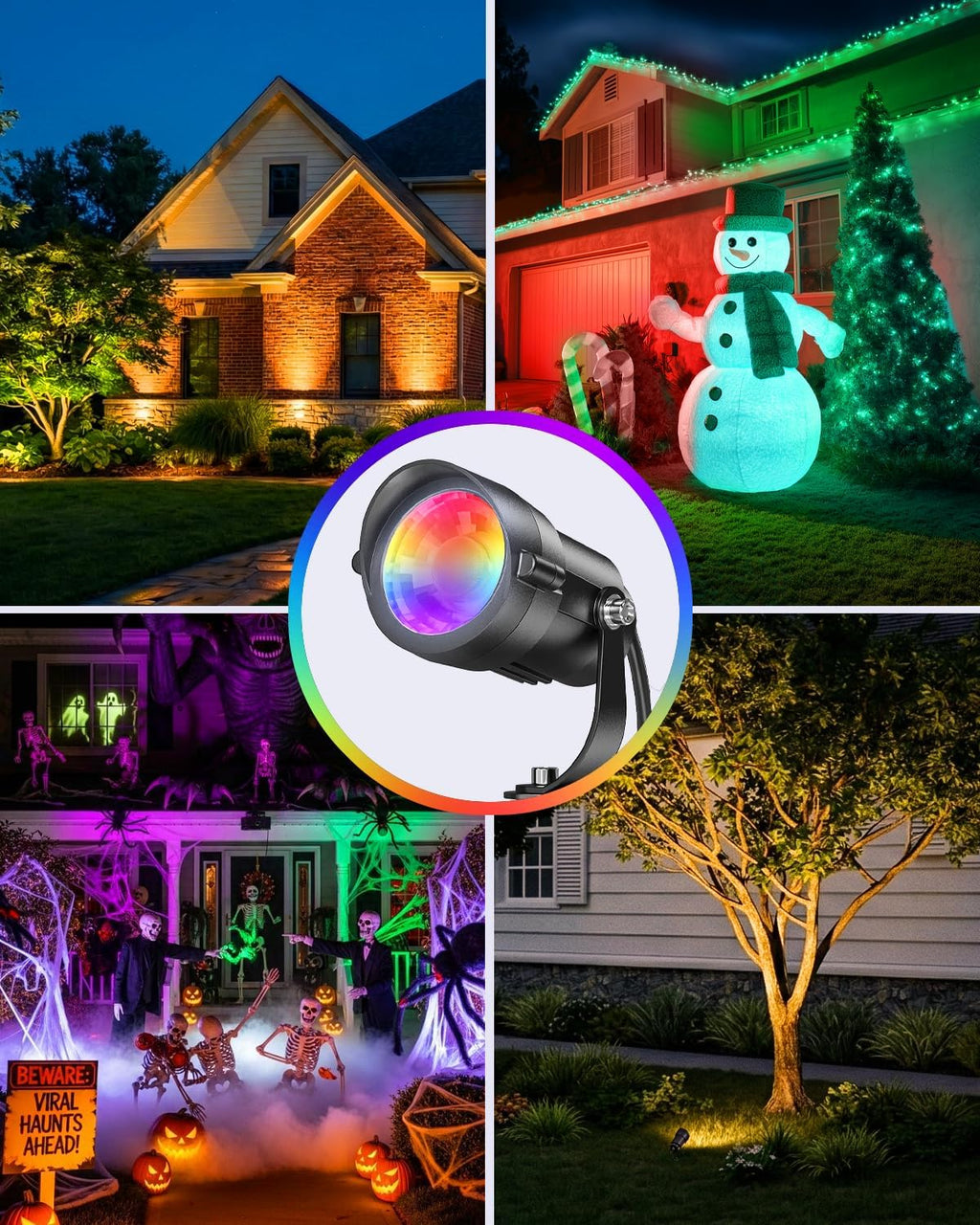 HIBOITEC 12W RGBCWWW Landscape Lighting Kit with 300W Low Voltage UL Transformer, 12-Pack Water Proof Color Changing Outdoor Spotlights for Yard Tree, DIY Holiday RF Remote No App