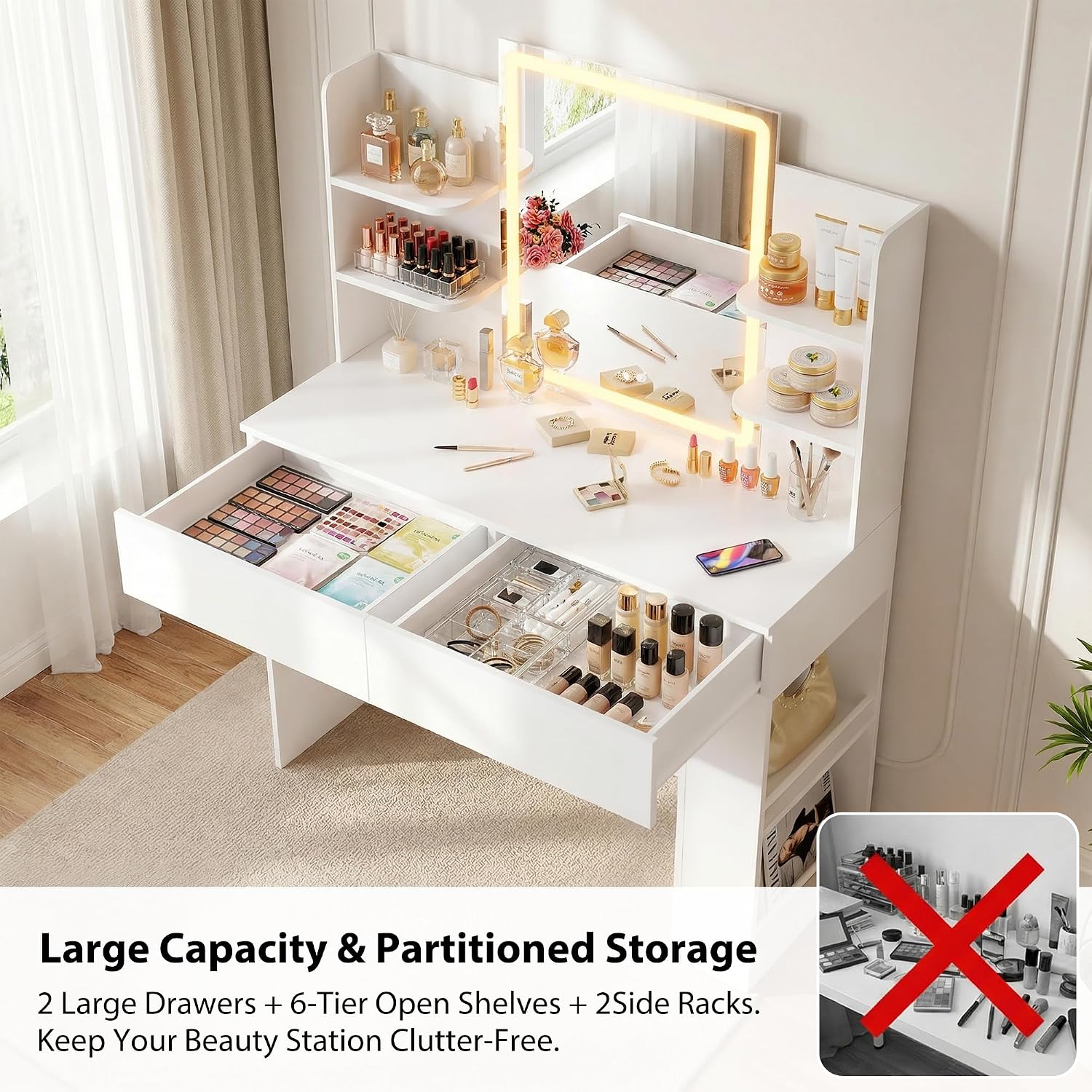 Furmax Vanity Desk with Mirror and LED Lights, Makeup Vanity Table with 3 Lighting Color, Adjustable Brightness, Vanity Table with 2 Drawers, Side Storage, for Bedroom (White, with Bench)