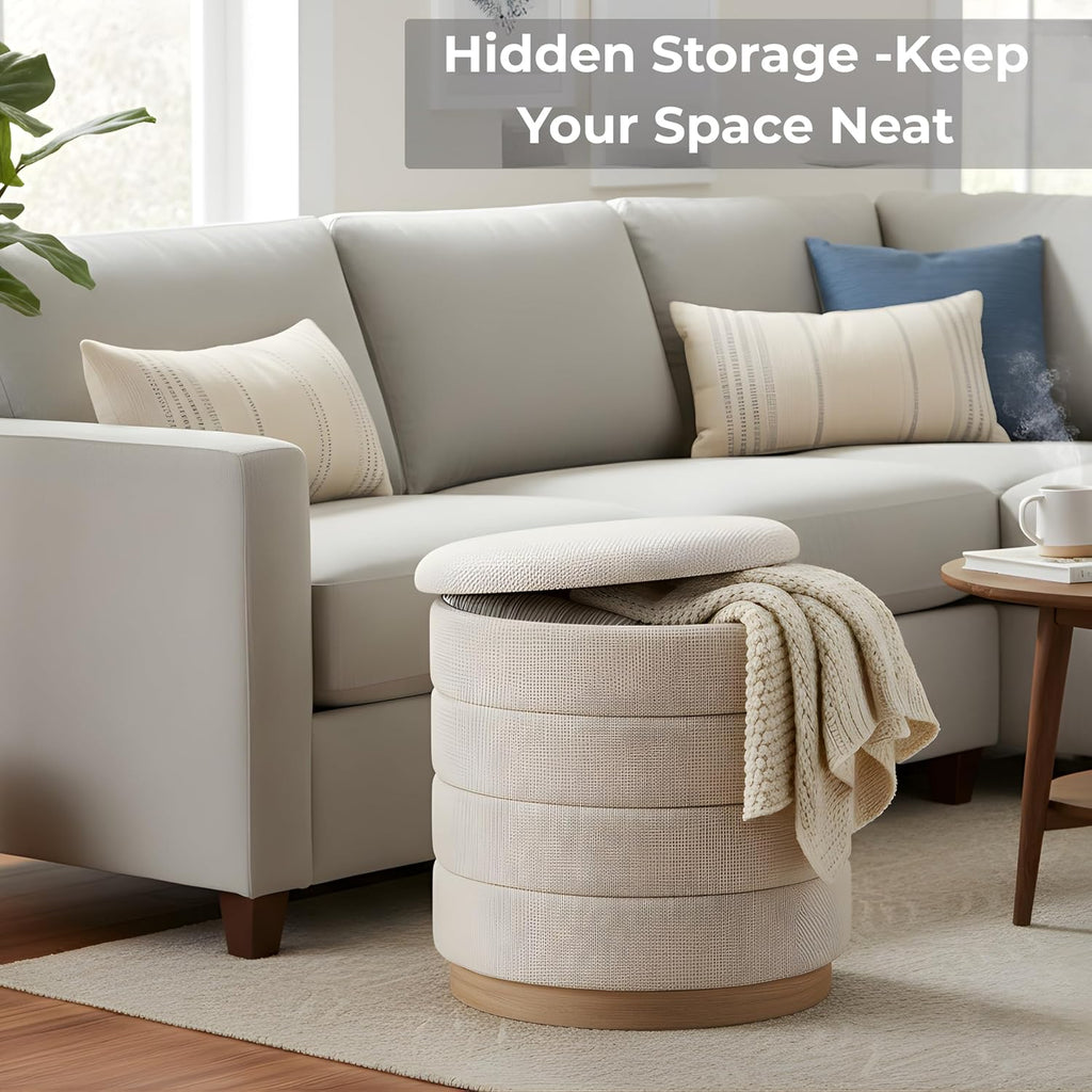 Round Storage Ottoman, Small Linen Upholstery Footrest Still with Foam Padded Seat for Living Room Bedroom, Beige