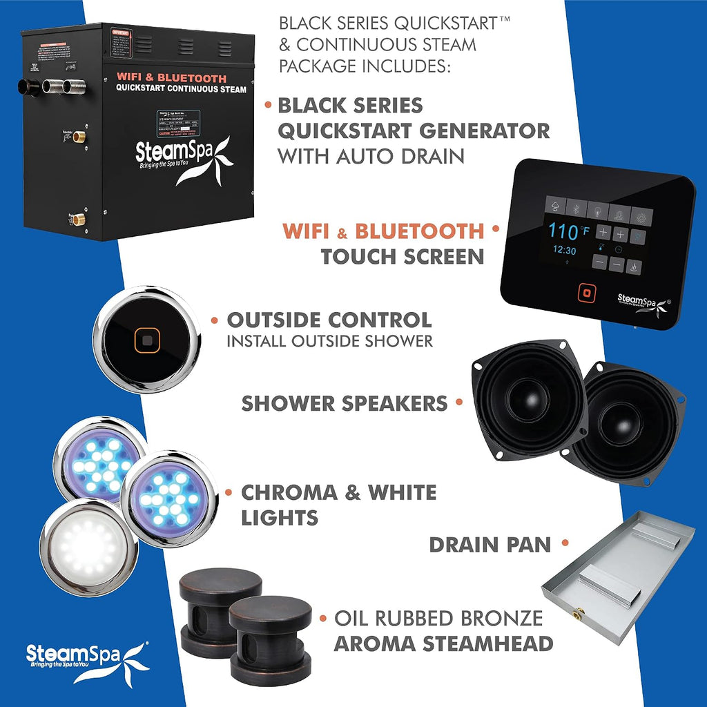 Generator with Quick Start Continuous Steam Technology, Wi-Fi, Bluetooth and Autodrain | 12kW Steam Generator with Oil Rubbed Bronze Steam Head with Aromatherapy Reservoir | SS-RVB1200ORB-A