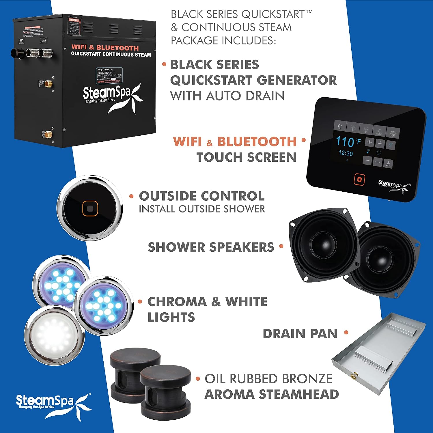 Generator with Quick Start Continuous Steam Technology, Wi-Fi, Bluetooth and Autodrain | 12kW Steam Generator with Oil Rubbed Bronze Steam Head with Aromatherapy Reservoir | SS-RVB1200ORB-A