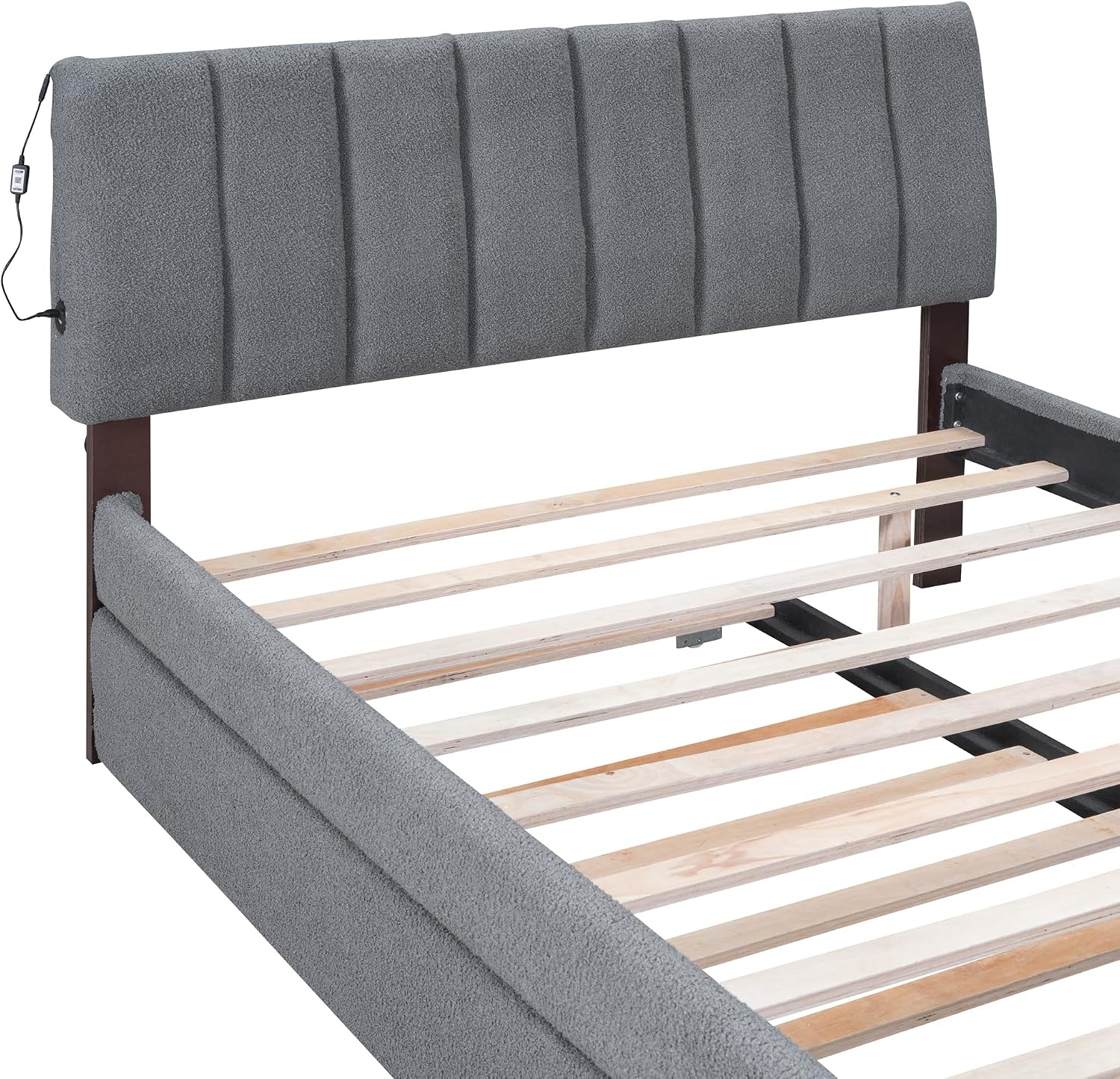 Ball & Cast Full Szie Upholstered Bed Frame with LED Light and Trundle,Teddy Fleece Platform Bed w/Channel Tufted Headboard &Wooden Slats Support,No Box Spring Needed, for Bedroom,Gray