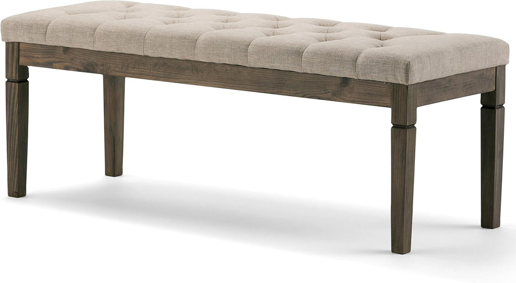 SIMPLIHOME Waverly Tufted Ottoman Bench - 48 inch Wide Upholstered Linen Look Fabric Rectangle Footstool Ottoman in Natural, Traditional Bench for Bedroom, Entryway or Living Room with Carved Legs