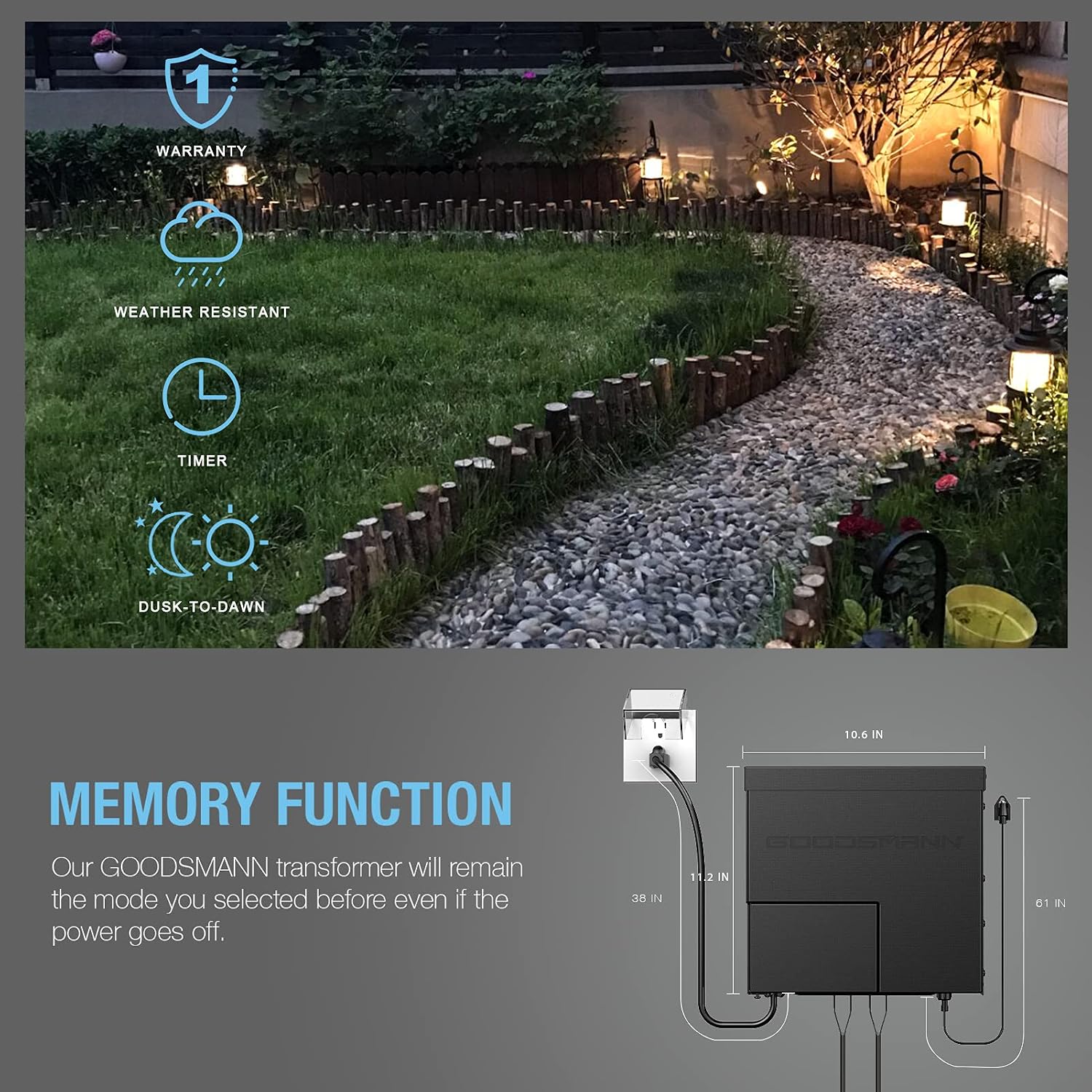 GOODSMANN Low Voltage Transformer 600W Landscape Lighting Power Pack with Timer Photo Eye for Outdoor Lights 120V AC to 12V AC 9111-60001-01A