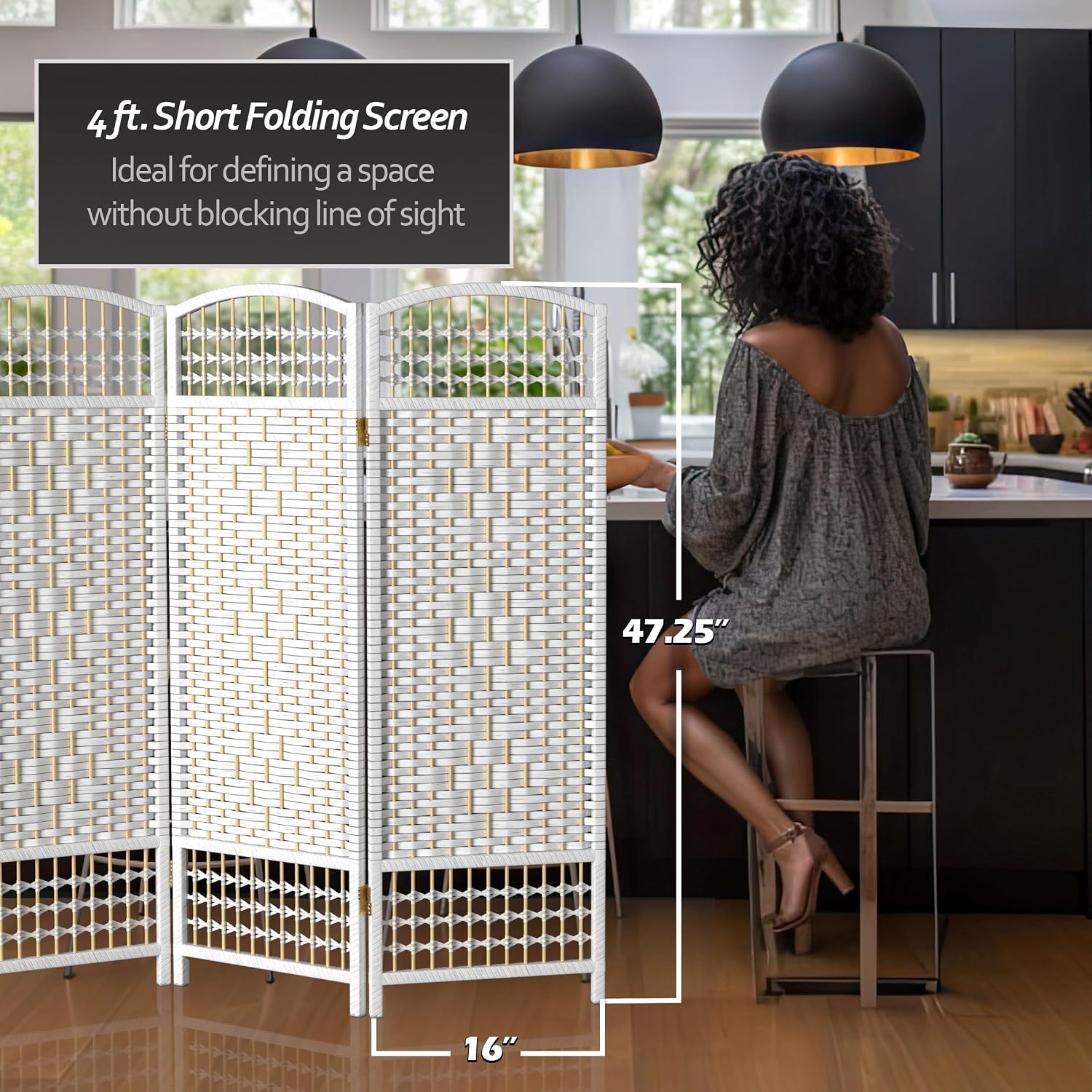 4 ft. Short Fiber Weave Folding Screen - White - 4 Panels