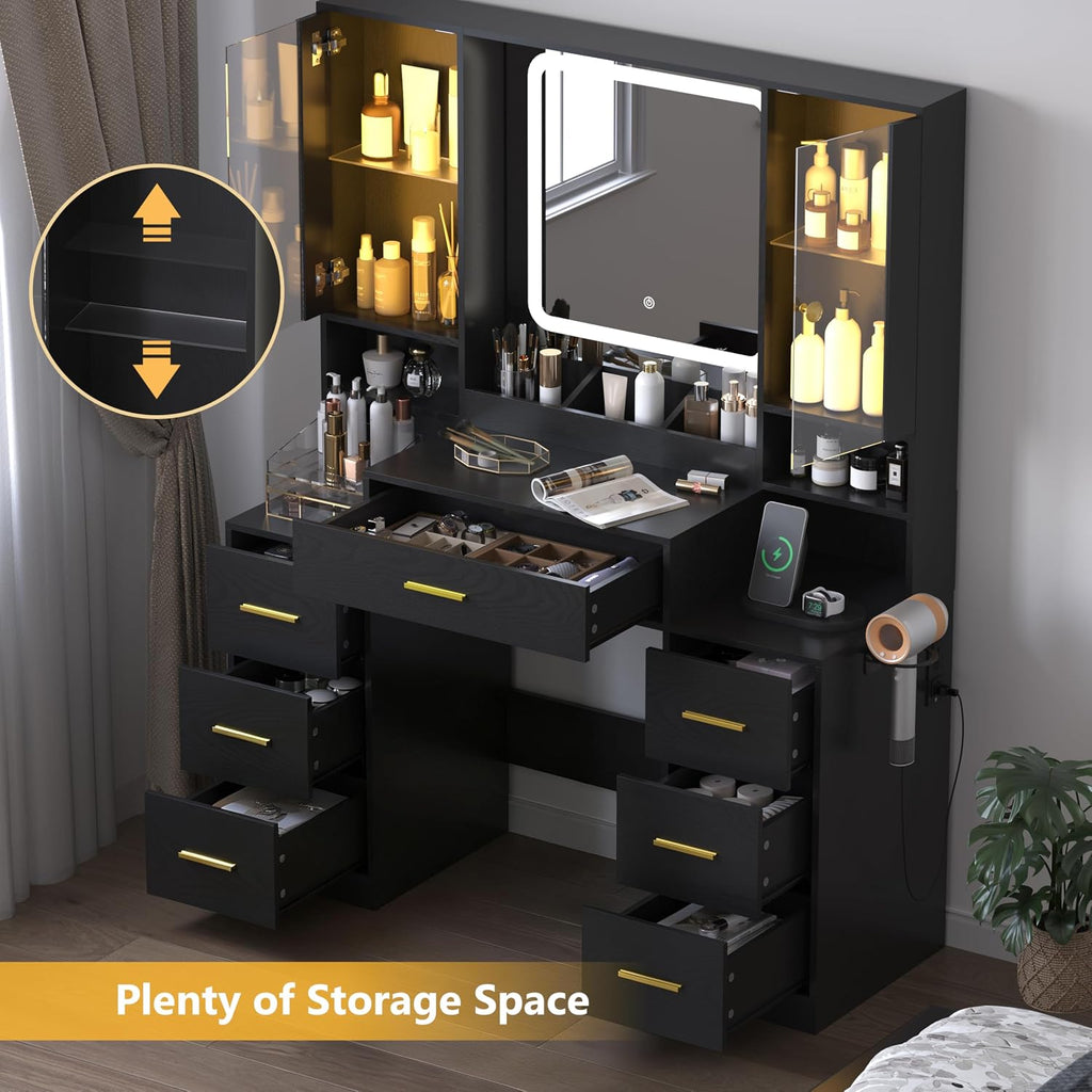 Wodeer Black Makeup Vanity Desk with Mirror & Lights, Modern Vanity Table with Charging Station, 7 Drawers, Glass Cabinet, Adjustable Shelves, Bedroom Dressing Table Set for Women & Girls