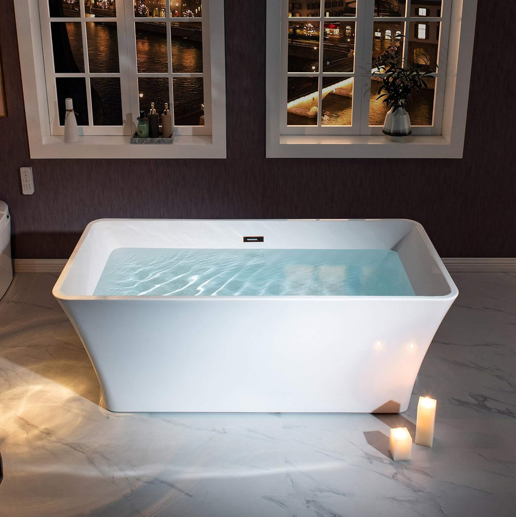 WOODBRIDGE 59' Acrylic Freestanding Bathtub Contemporary Soaking White Tub with Oil Rubbed Bronze Overflow and Drain，BTA1509 -ORB-Drain &O