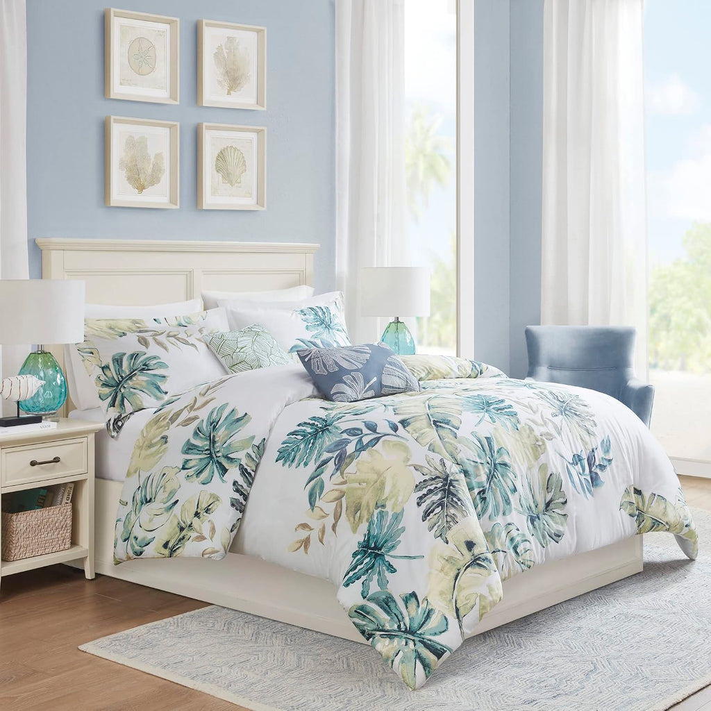 Harbor House 100% Cotton Duvet Cover, Coastal, Beach Cottage Design, All Season, Breathable Comforter Cover Tropical Bedding, Matching Shams, Lorelai Monstera Leaf Green Full/Queen (90'x90') 5 Piece