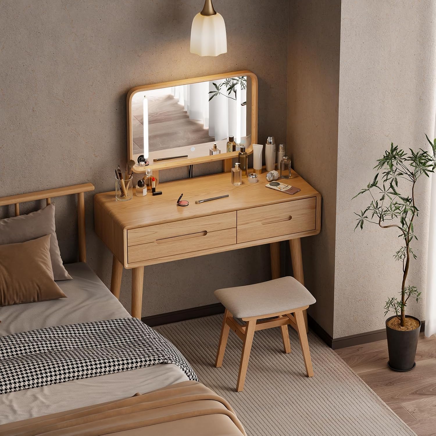 Solid Wood Vanity with Mirror and Lights, Adjustable Brightness, Wood Makeup Vanity with 3 Drawers, Semi-Assembled, Vanity Desk for Bedroom (Natural)