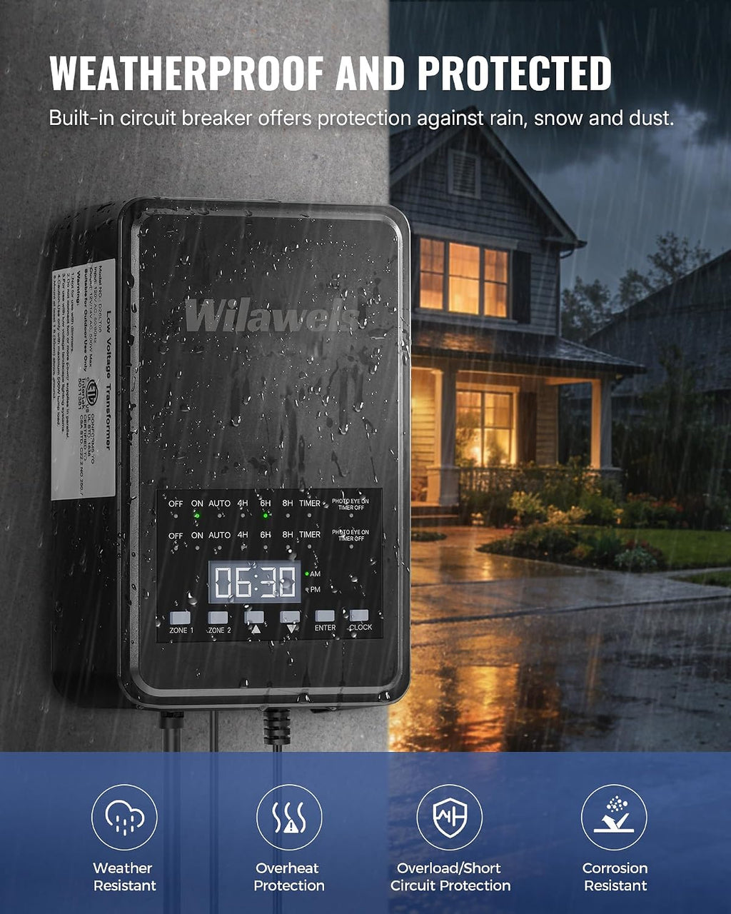 500W Low Voltage Landscape Transformer, 2 Zone Independent Control 120VAC to 12/14V AC Low Voltage Transformer, Landscape Lighting Transformer with Timer & Photocell Sensor ETL Listed D29LT06