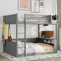 RUNNA Queen Size Wooden Bunk Bed with Built-in Shelves,Storage Box,LED Light and USB Charging Station,No Box Spring Needed (Grey/USB1)