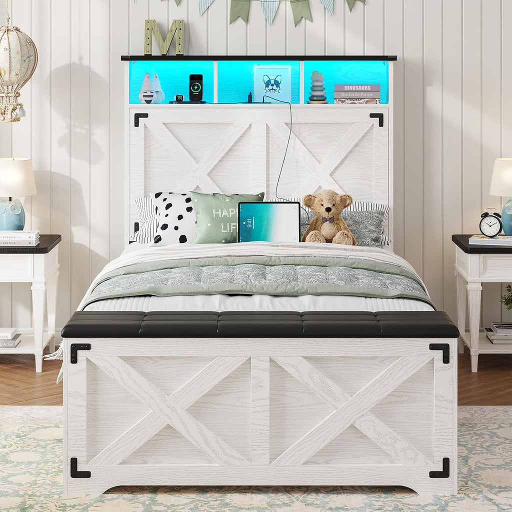 DICTAC Twin Size Bed Frame with Storage Headboard,Charging Station and LED Lights Farmhouse Metal Twin Bed Frame with Storage Ottoman,Platform Bed for Kids/Teen with Tall Headboard,Antique White
