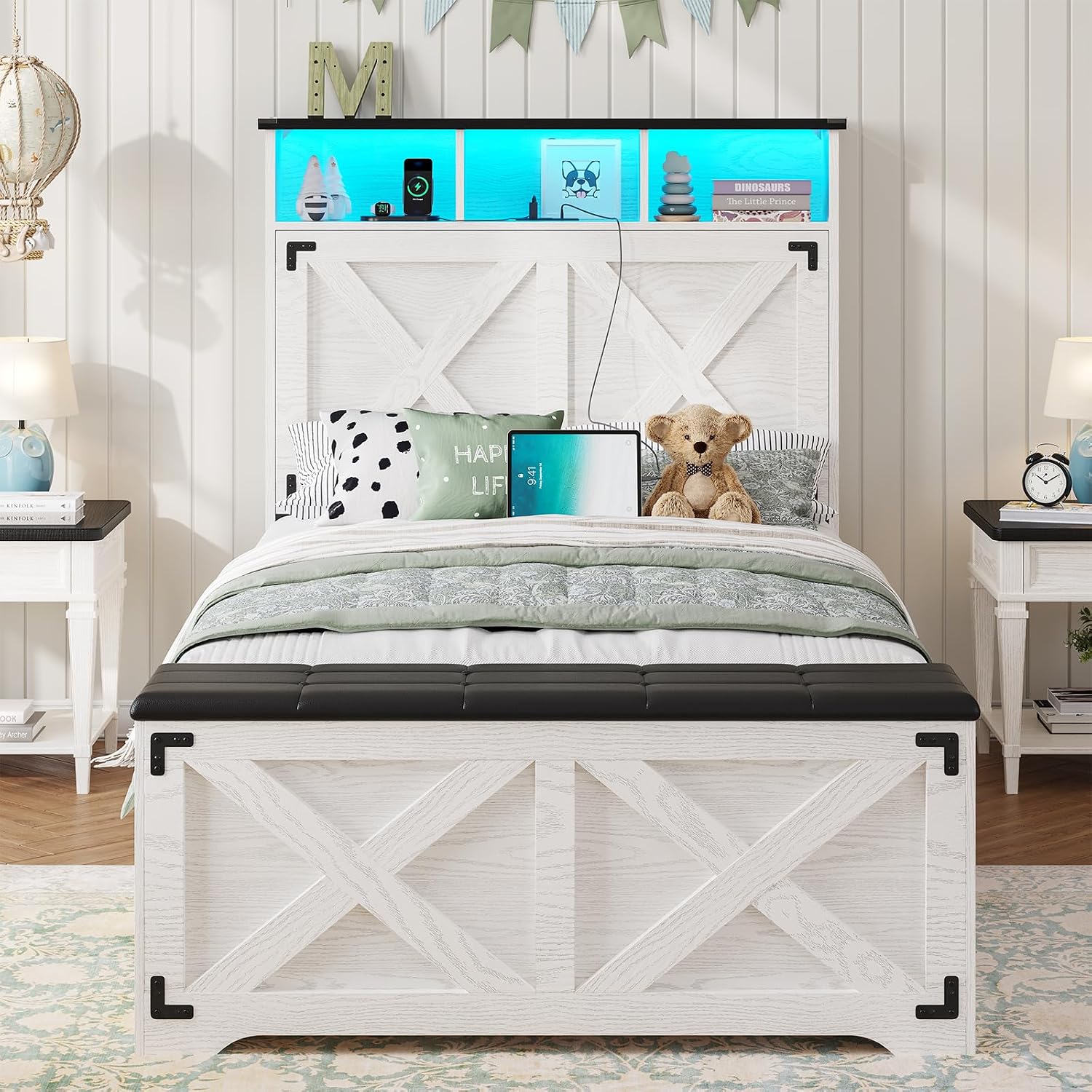 DICTAC Twin Size Bed Frame with Storage Headboard,Charging Station and LED Lights Farmhouse Metal Twin Bed Frame with Storage Ottoman,Platform Bed for Kids/Teen with Tall Headboard,Antique White
