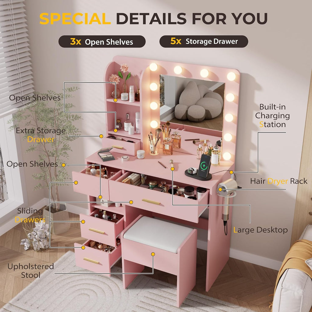Otterease Vanity Desk with LED Lighted Mirror&Power Outlet, 3 Lighting Colors Makeup Vanity Desk with 5 Large Drawers and 3 Storage Shelves, Pink Vanity with Storage Stool for Bedroom