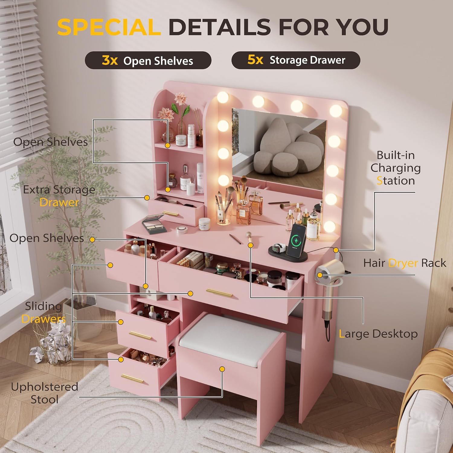 Otterease Vanity Desk with LED Lighted Mirror&Power Outlet, 3 Lighting Colors Makeup Vanity Desk with 5 Large Drawers and 3 Storage Shelves, Pink Vanity with Storage Stool for Bedroom