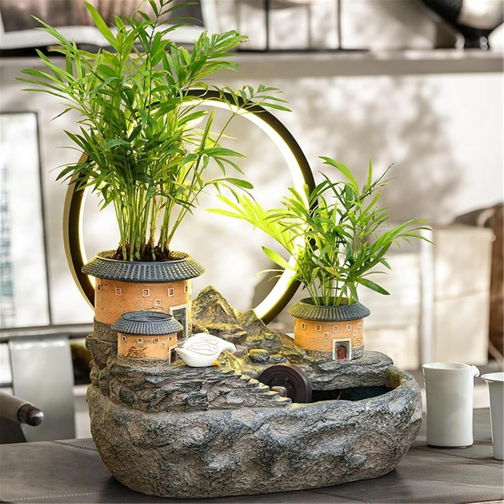 Tabletop Water Fountain Tabletop Fountain Rockery and Water Fountain Earthen Building Ornaments for Home Decor Office Relaxation Meditation Fountain