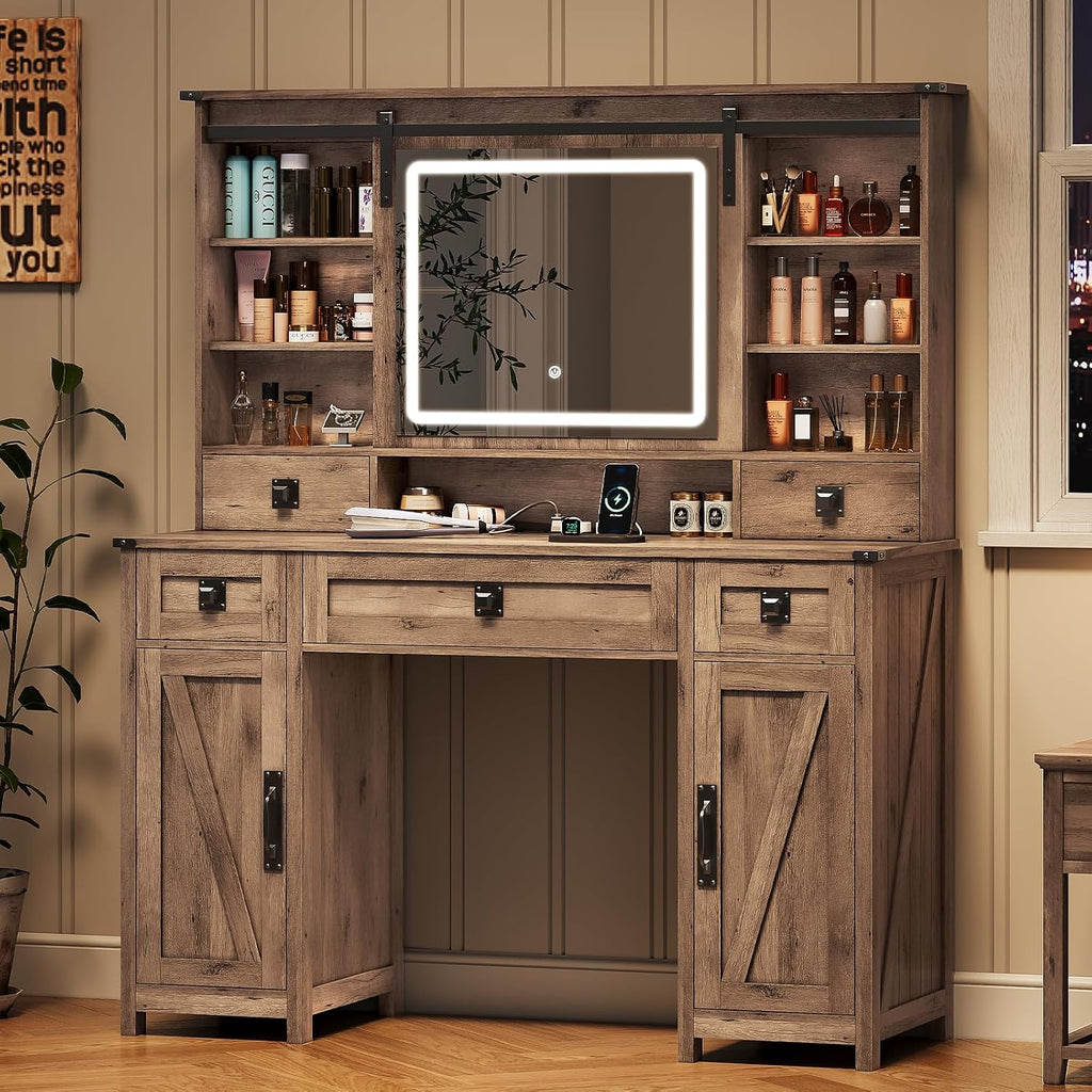 MSmask Makeup Vanity Desk with Lights, 47.2' Farmhouse Vanity Table with Sliding Mirror & Charging Station, Large Makeup Desk with 5 Drawers & 2 Cabinets, Rustic Oak