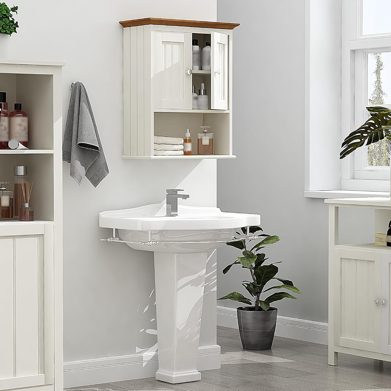 Treocho Wood Wall Cabinet, Bathroom Medicine Cabinet Storage with Doors and Adjustable Shelf, Rustic Cabinet Wall Mounted for Bathroom, Living Room, Kitchen, White & Brown