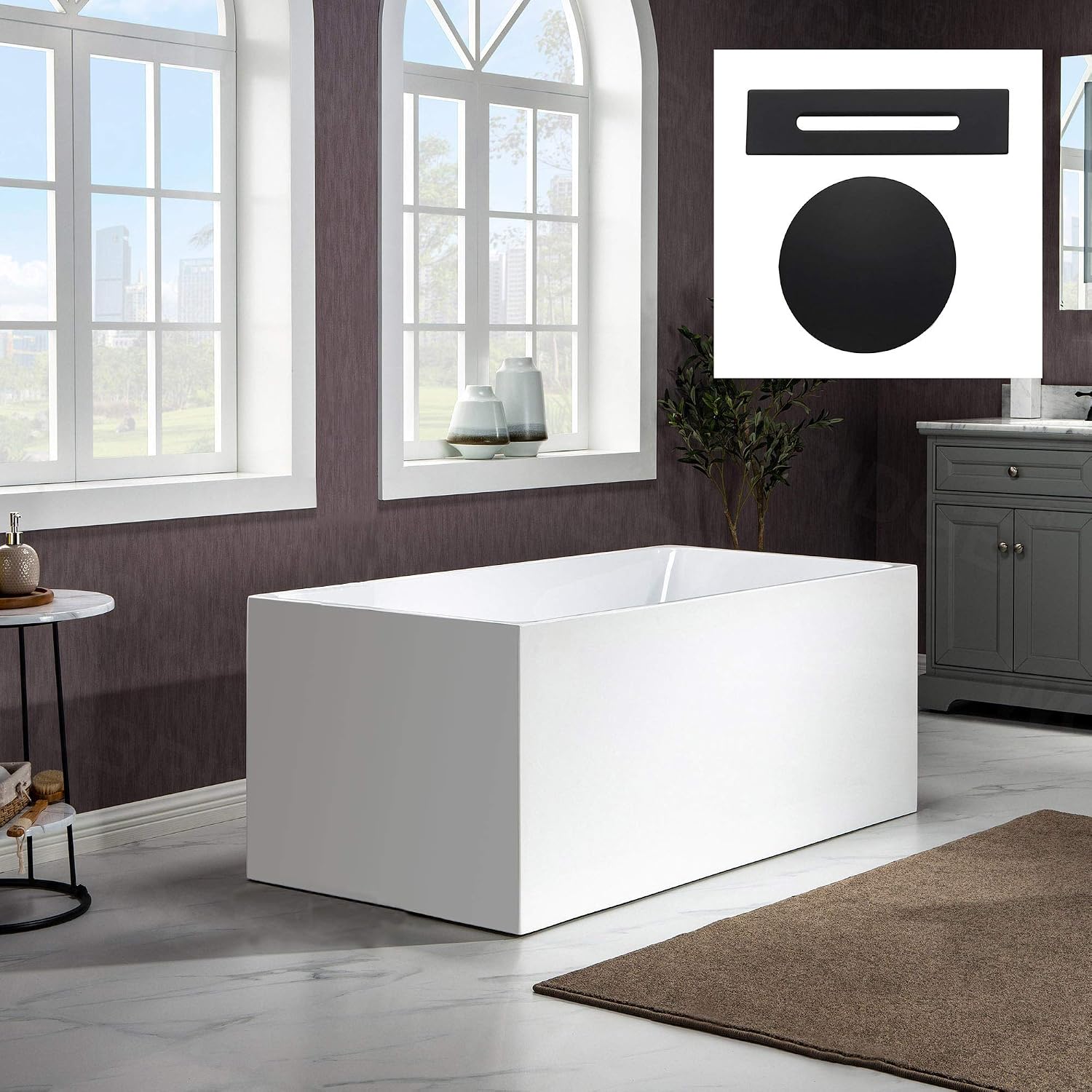 WOODBRIDGE 59' Acrylic Freestanding Bathtub Contemporary Soaking White Tub with Matte Black Overflow and Drain，B0085-MB-Drain&O