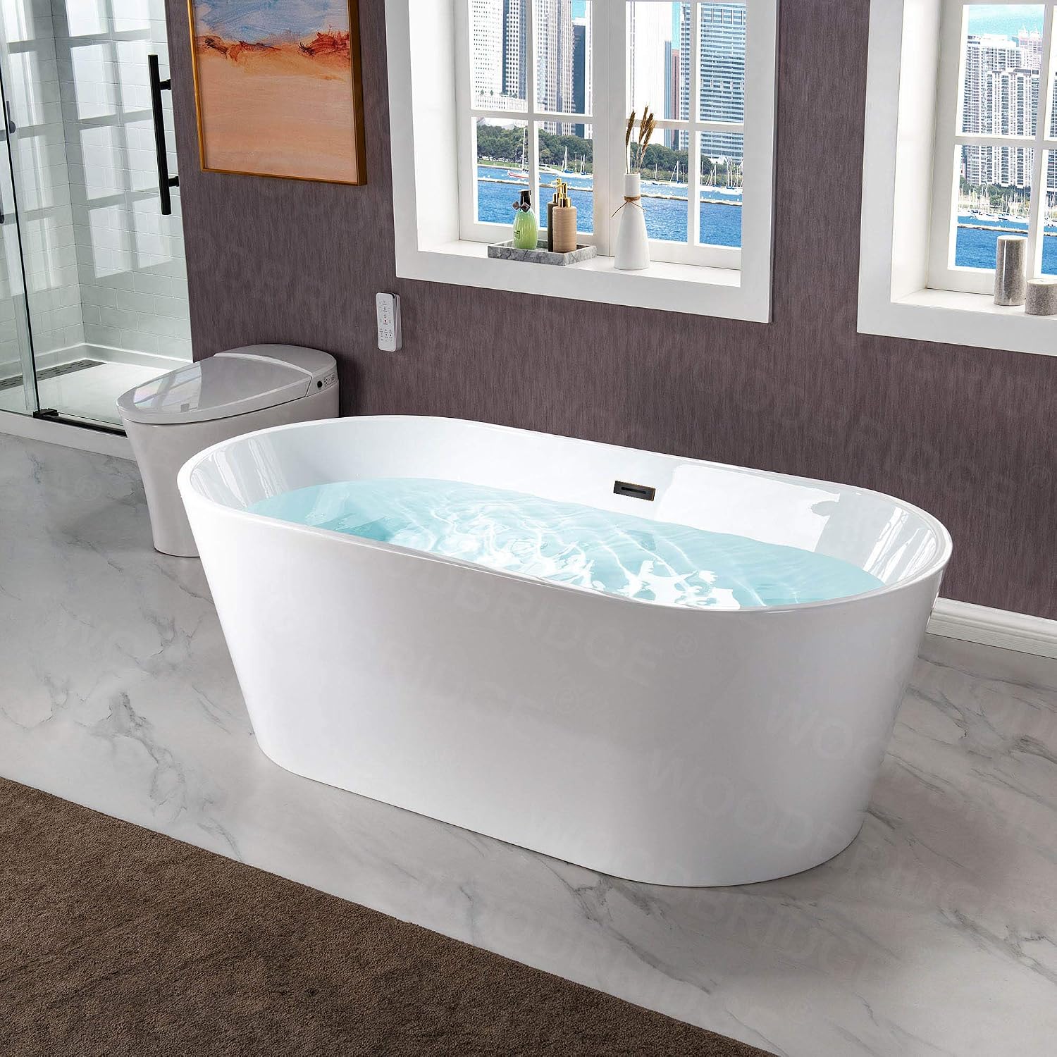 WOODBRIDGE 67'Freestanding White Acylic Soaking Bathtub with Drain Kit and Floor Mount Tub Filler in ORB,BTA1513 -ORB-Drain &O+F0010ORBVT