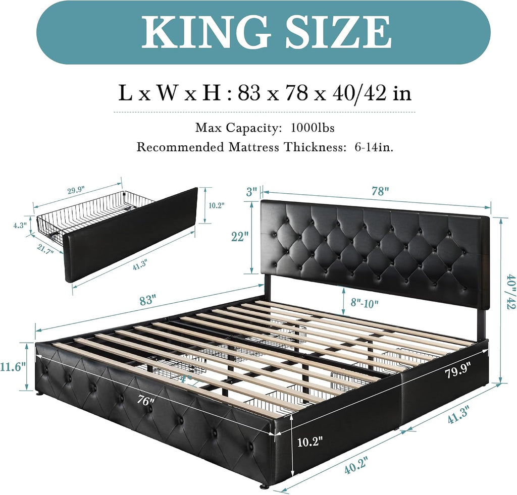 HOOMIC King Platform Storage Bed Frame with 4 Drawers & Adjustable Headboard, Wooden Slats, No Box Spring Needed, Diamond Stitched Button Tufted Design, Black