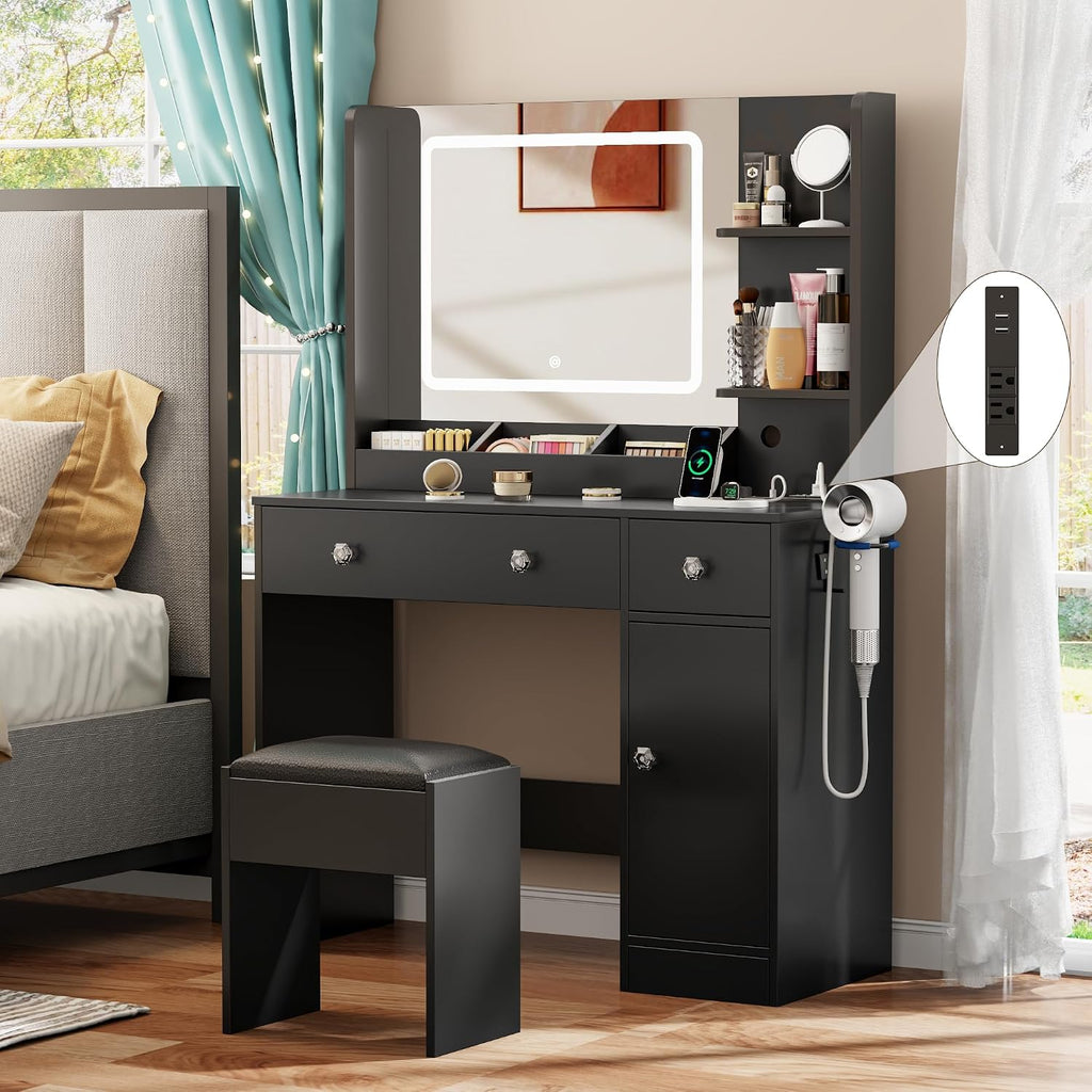Korfile Makeup Vanity Desk with Mirror and Lights 3 Color, Vanity Set with Power Outlet and Stool, Black Vanity Desk with Cabinet and Drawers,Make Up Dressing Table with Storage Shelves