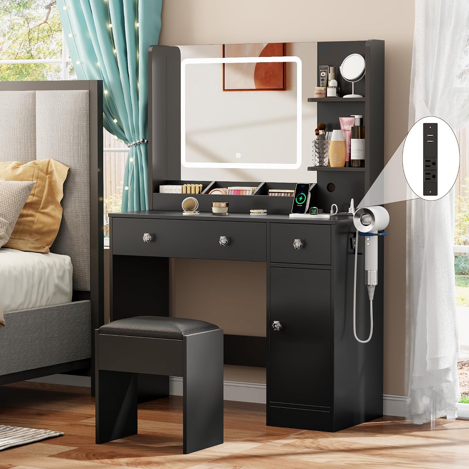 Korfile Makeup Vanity Desk with Mirror and Lights 3 Color, Vanity Set with Power Outlet and Stool, Black Vanity Desk with Cabinet and Drawers,Make Up Dressing Table with Storage Shelves
