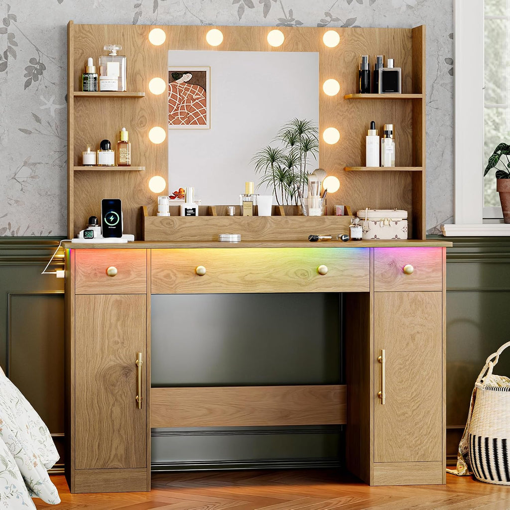 Vanity Desk with Mirror and Lights, 43'' Makeup Dressing Table Set with 5 Drawers & Power Outlet, 3 Lighting Modes Brightness Adjustable, Vanity with RGB Ambient Light for Women Girls Bedroom, Oak