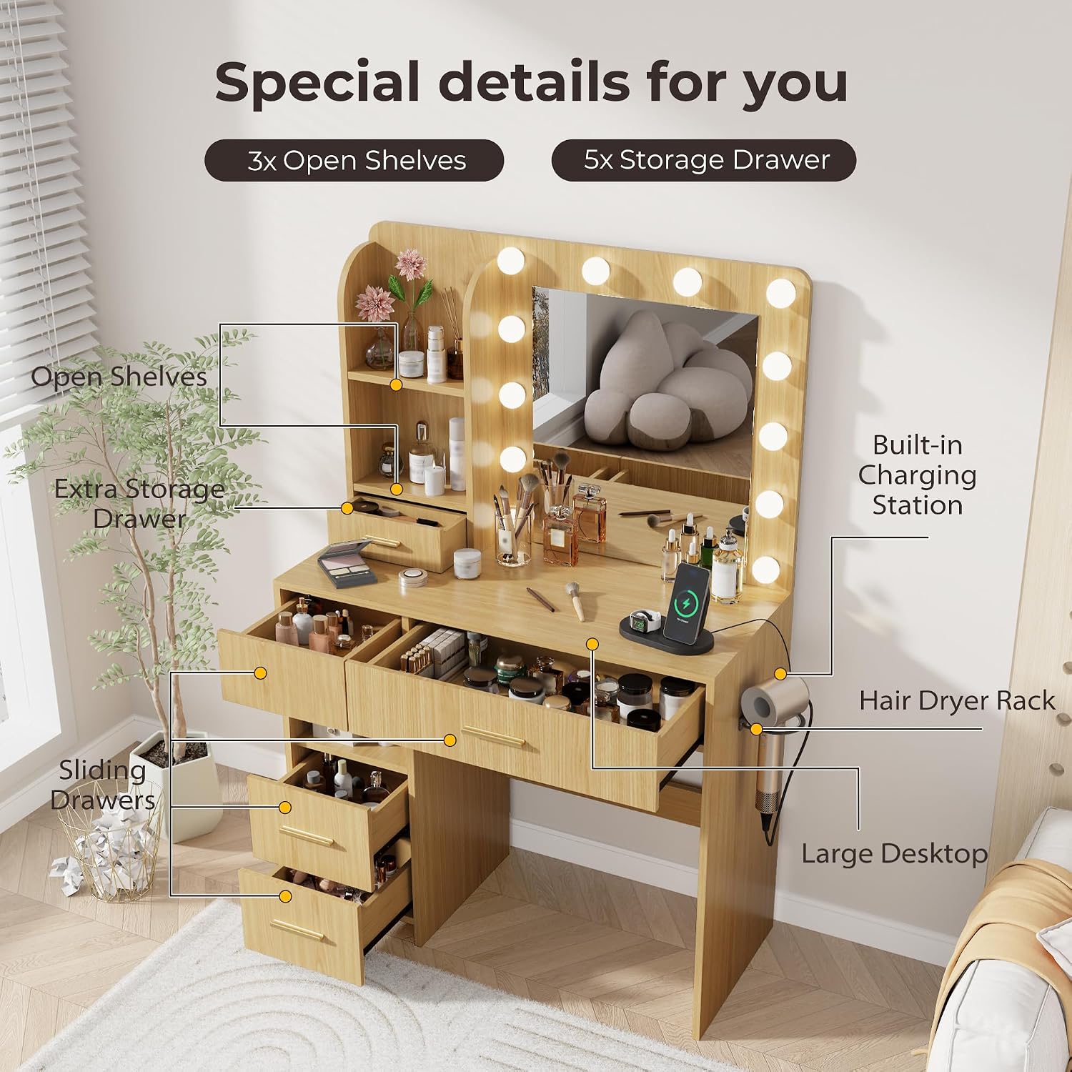 Otterease Vanity Desk with LED Lighted Mirror&Power Outlet, 3 Lighting Colors Makeup Vanity with 5 Large Drawers and 3 Storage Shelves, White Vanity with Storage Stool for Bedroom, Natural(no Stool)