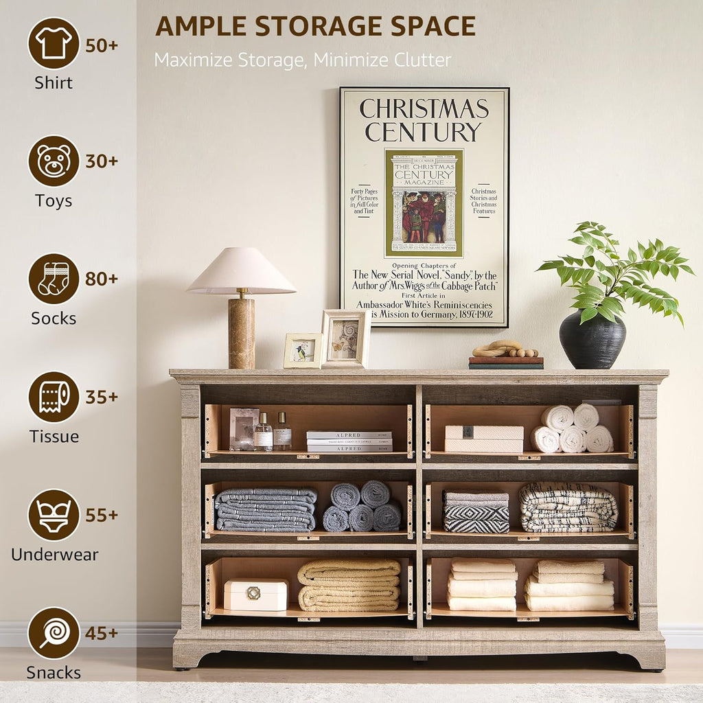 Farmhouse 6 Drawers Dresser for Bedroom, 54' Wide Large Dressers & Chests of Drawers w/Roman Column, Wooden Dresser TV Stand with Large Drawers for Nursery Bedroom Living Room Hallway,Light Rustic Oak