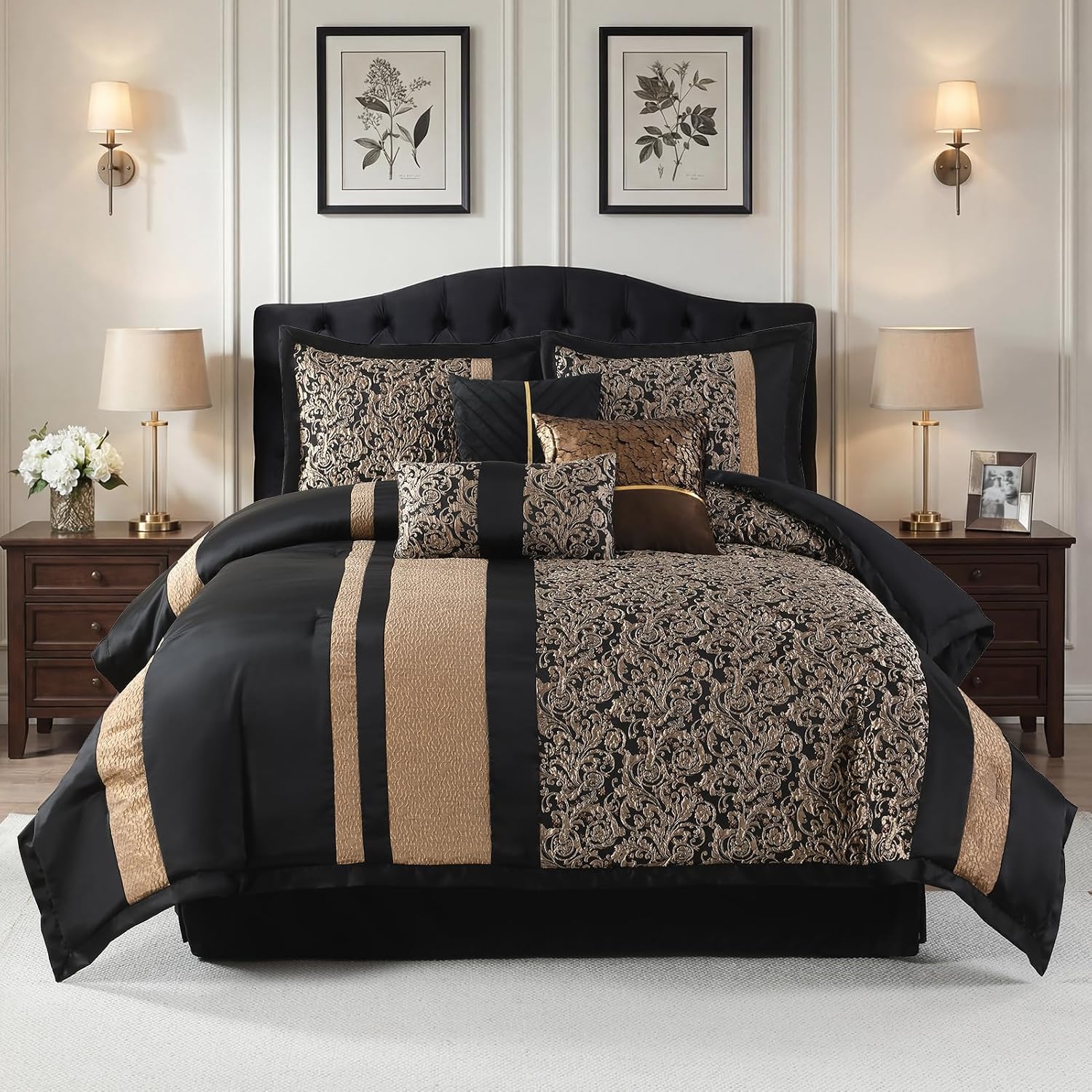 Bedduvit Luxury 7 Piece King Comforter Set - Vintage Elegant Floral Jacquard Black and Gold Bed in Bag King, Chic Stripe Botanical Patchwork Thick Bedding Set with Bed Skirt, Decorative Pillows, Shams
