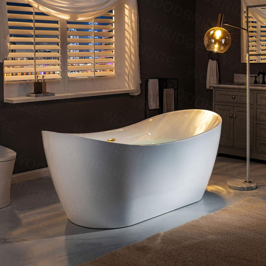 WOODBRIDGE 71'Freestanding White Acylic Soaking Bathtub with Brushed Gold Drain and Overflow,BTA1517 -BG-Drain &O