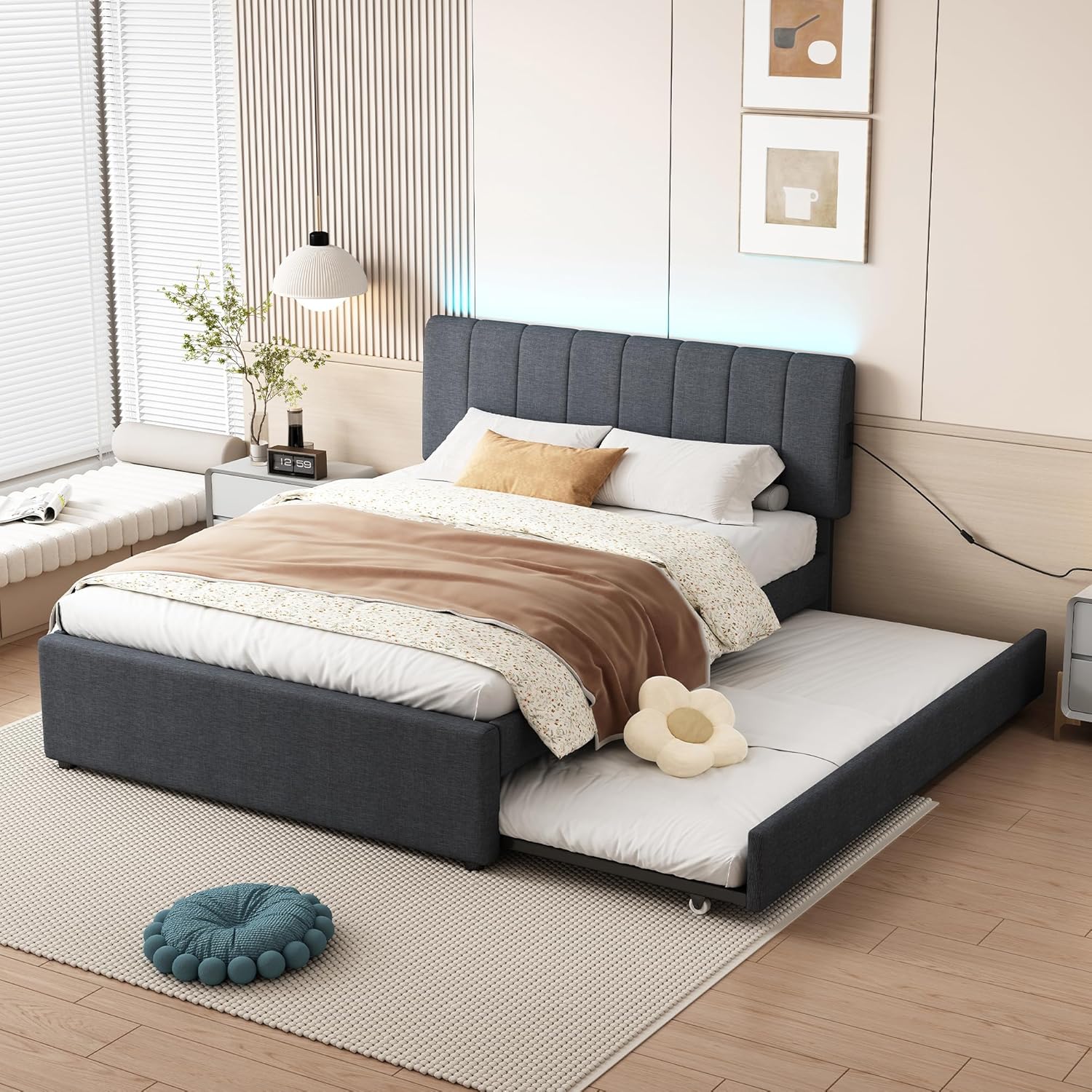 Ball & Cast Full Size Upholstered Platform Bed with Remote Control Intelligence Led Lights App and Trundle,Wood Bed Frame w/Charging Station Headboard & Eva Silent Strip,Bebframe for Apartment,Gray