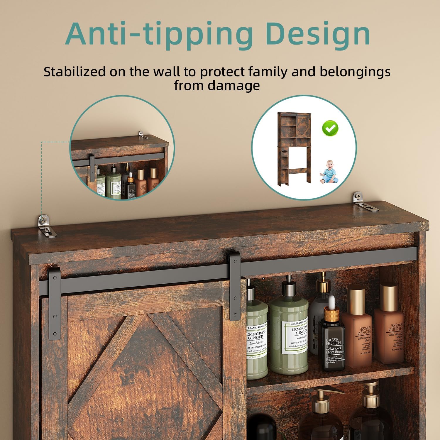Over the Toilet Storage Cabinet with Farmhouse Sliding Barn Door, Above Toilet Organizer with Toilet Paper Holder Stand, Behind Toilet Shelf, Space Saver for Restroom, Bathroom, Laundry, Brown