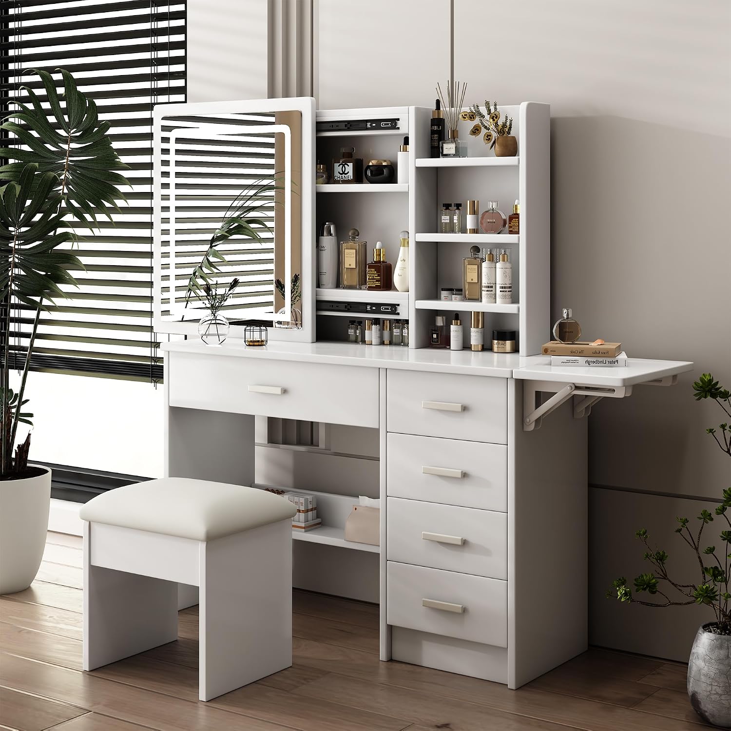 Runboll Vanity Desk with Mirror and Lights, Makeup Vanity Table Set with Chair, 5 Drawers, Open Shelves, Adjustable 3-Color LED Lighted Mirror, Bedroom Dressing Table for Women