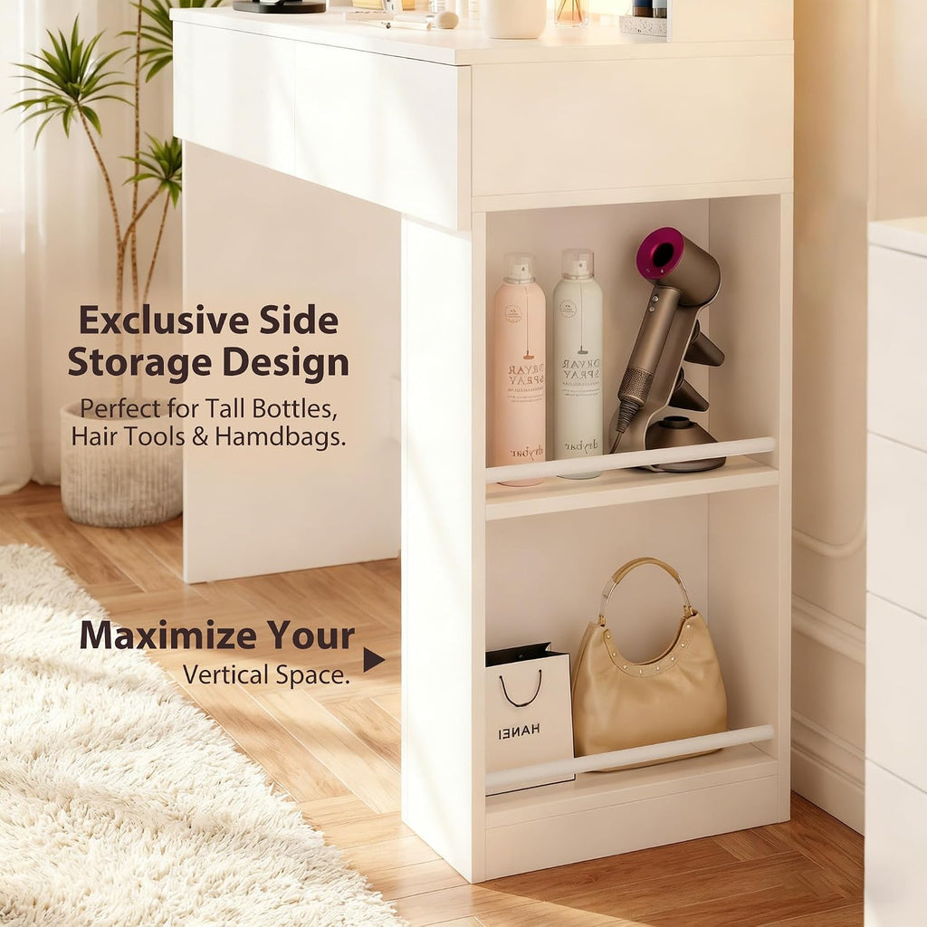 Furmax Vanity Desk with Mirror and LED Lights, Makeup Vanity Table with 3 Lighting Color, Adjustable Brightness, Vanity Table with 2 Drawers, Side Storage, for Bedroom (White, with Bench)
