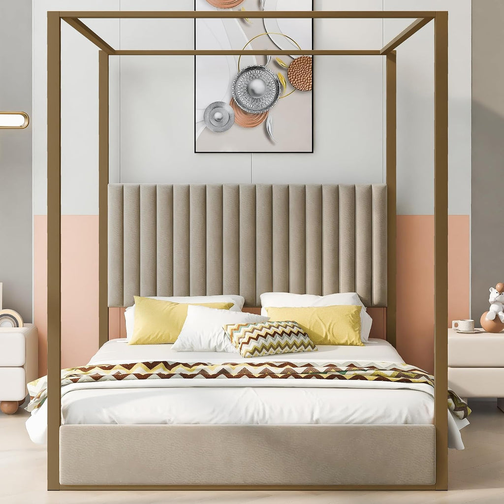 Modern 4-Poster Canopy Platform Bed Queen Size with Channel Upholstery Tufted Headboard, Gold Metal Canopied Design Platform Bed Frame with Strong Slats Support (Beige+U)