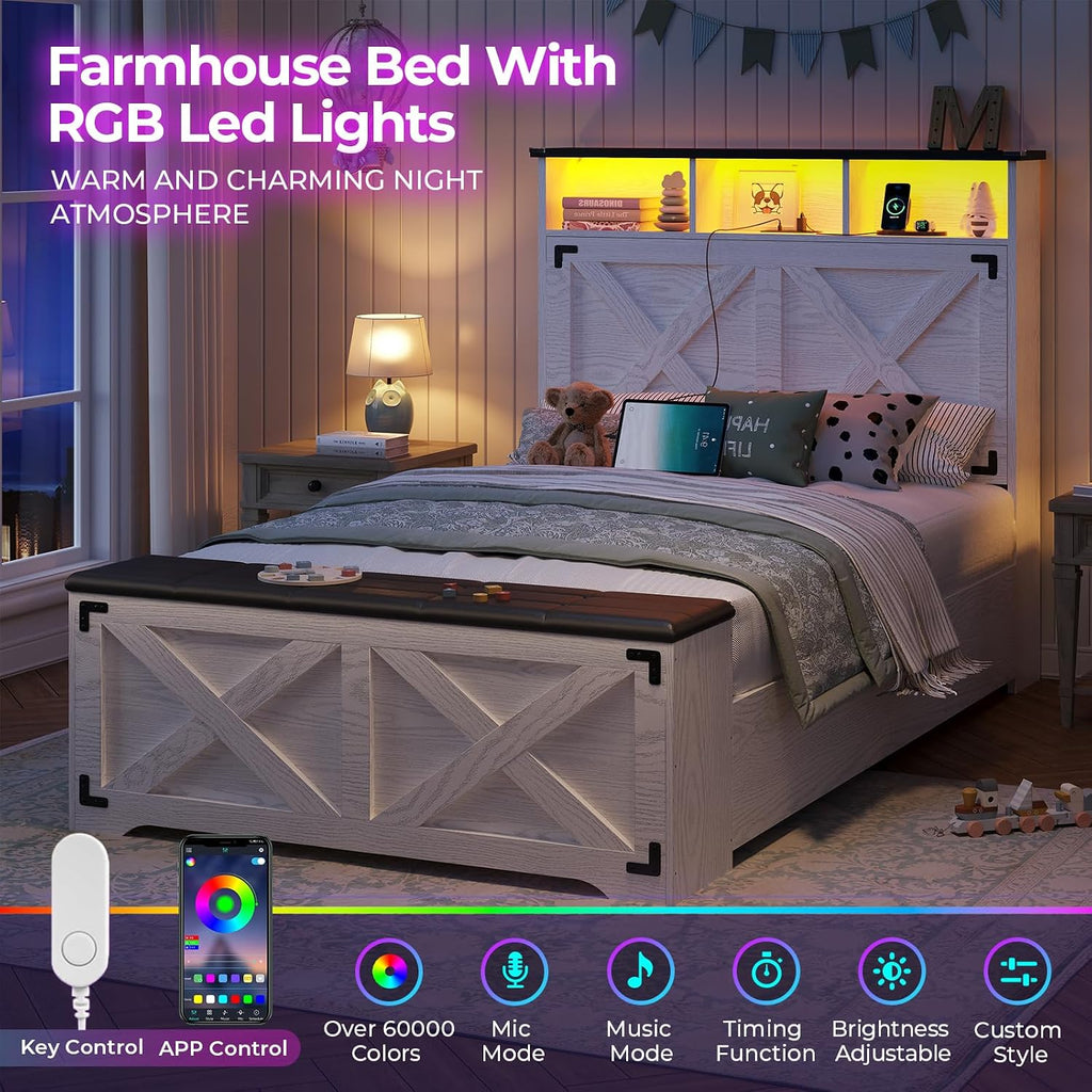 DICTAC Twin Size Bed Frame with Storage Headboard,Charging Station and LED Lights Farmhouse Metal Twin Bed Frame with Storage Ottoman,Platform Bed for Kids/Teen with Tall Headboard,Antique White